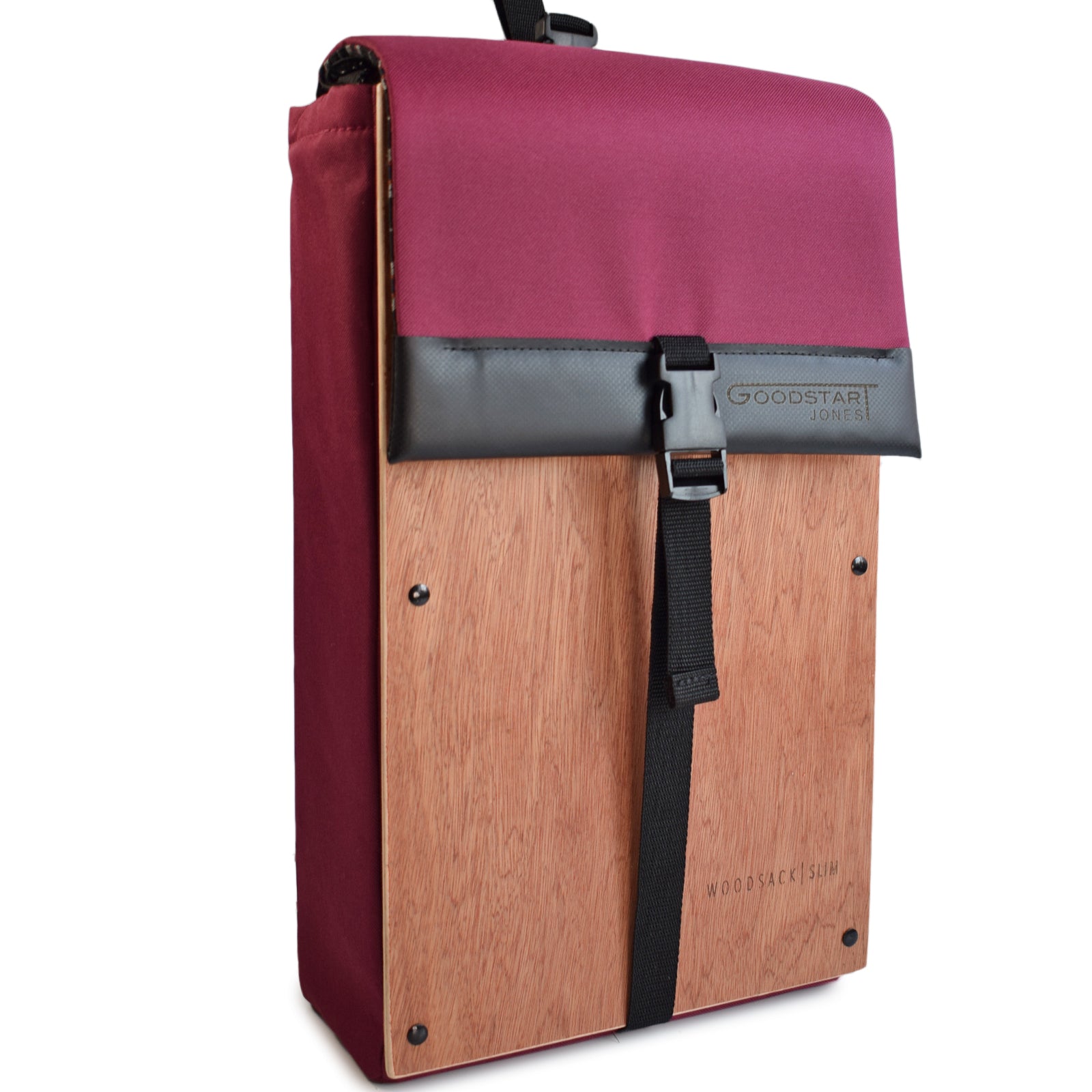 Woodsack Slim Backpack in WINE color, showcasing its sleek design and minimalist style.