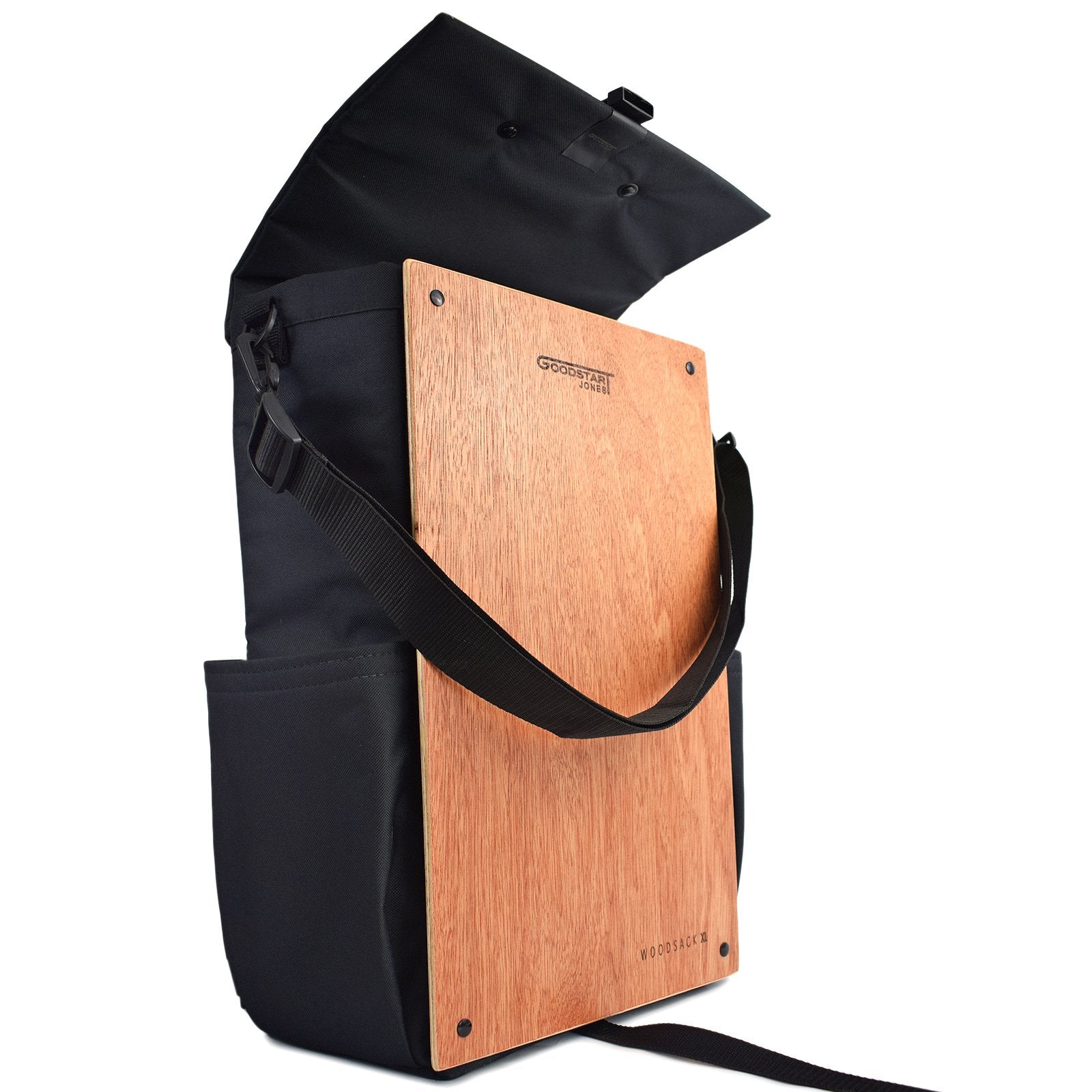 Woodsack XL Backpack in black, showcasing spacious design and padded straps for comfort.