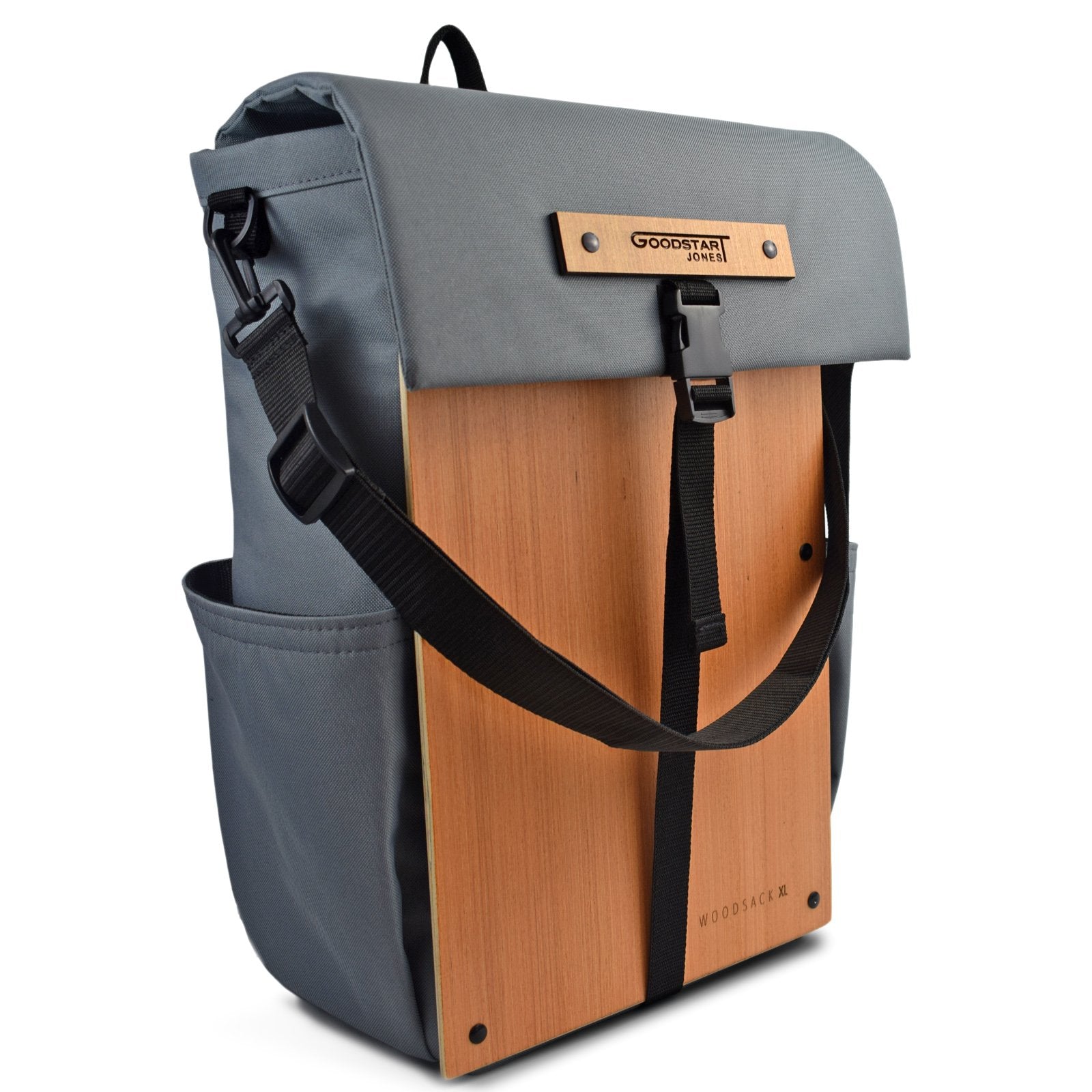 Woodsack XL Backpack in Grey showcasing spacious compartments and padded straps for comfort.