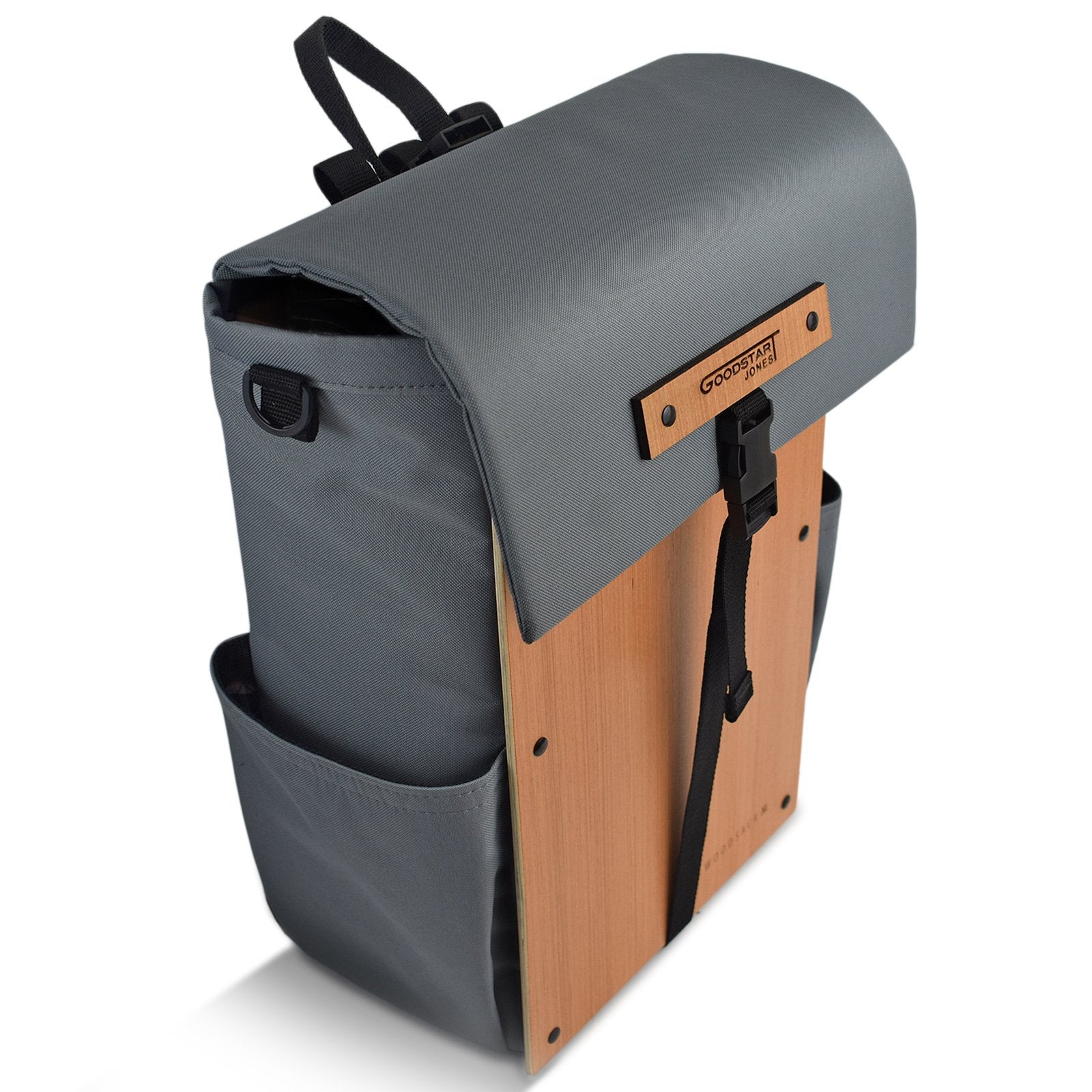 Woodsack XL Backpack in Grey showcasing spacious compartments and padded straps for comfort.