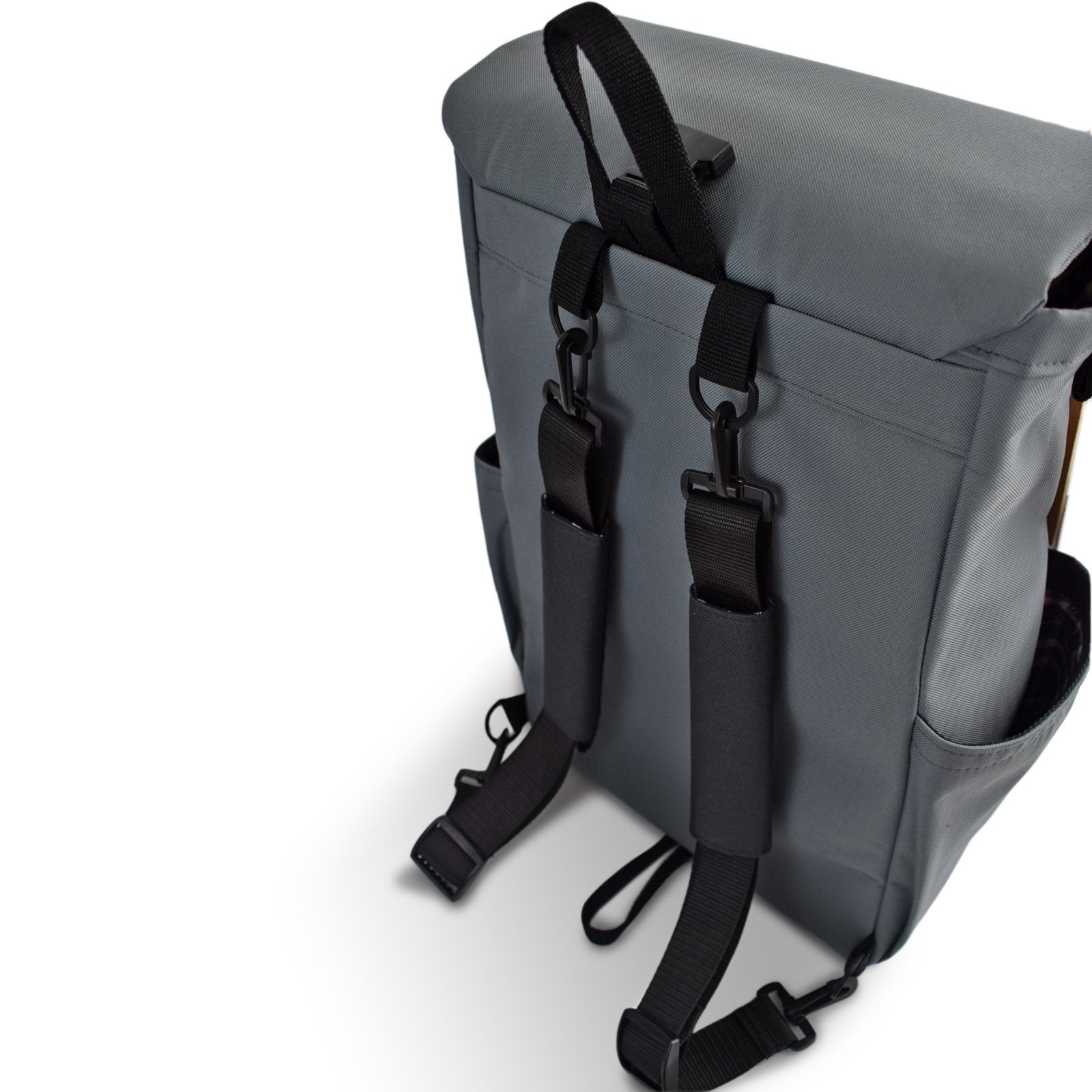 Woodsack XL Backpack in Grey showcasing spacious compartments and padded straps for comfort.