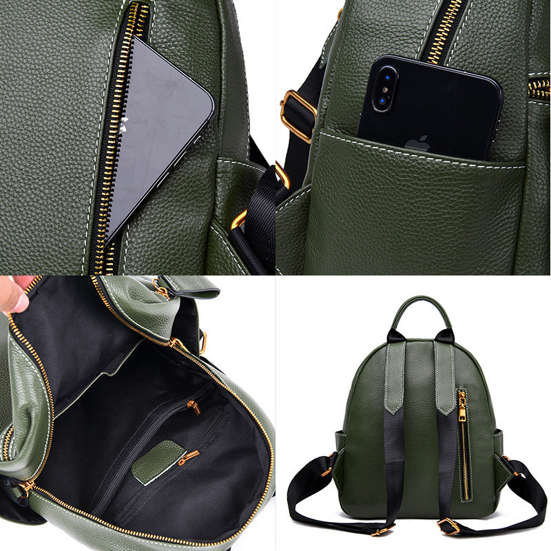 Women's All-Match Fashion Leather Small Backpack in green and black, showcasing its stylish design and genuine leather material.