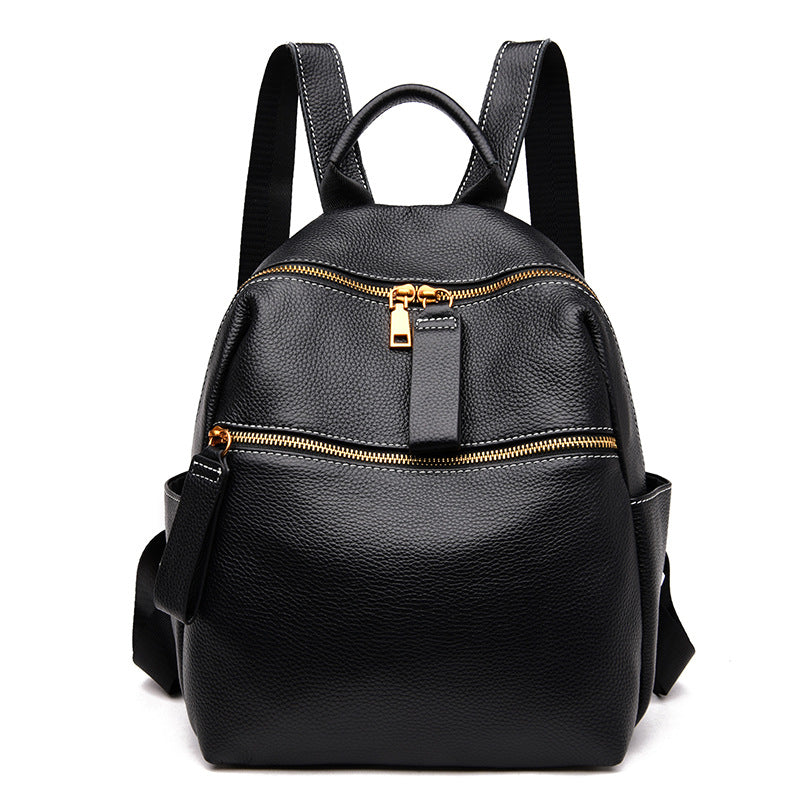 Women's All-Match Fashion Leather Small Backpack in green and black, showcasing its stylish design and genuine leather material.