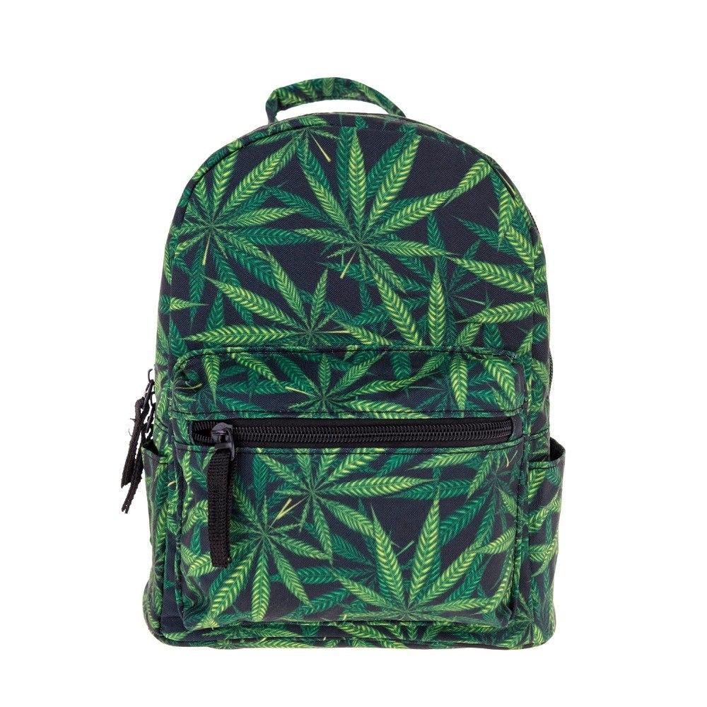 A stylish women's mini canvas backpack featuring a vibrant weed pattern and comfortable straps, perfect for casual outings.