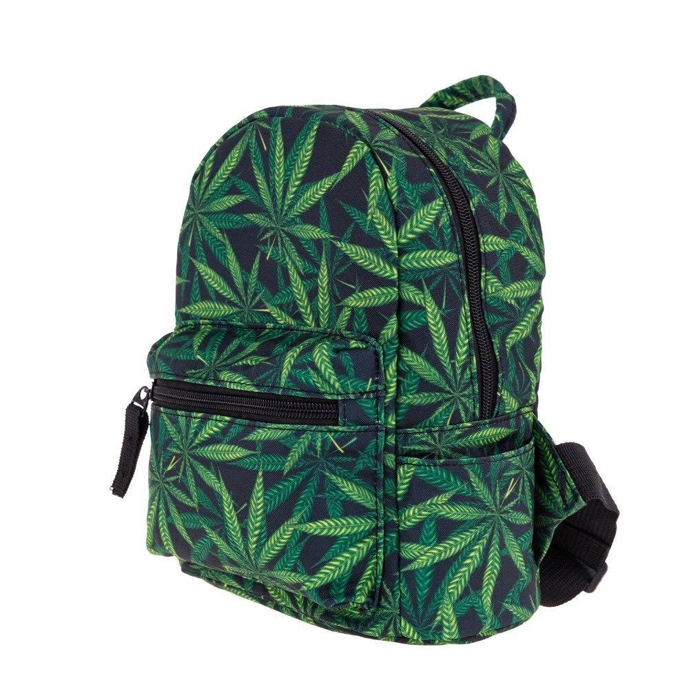 A stylish women's mini canvas backpack featuring a vibrant weed pattern and comfortable straps, perfect for casual outings.