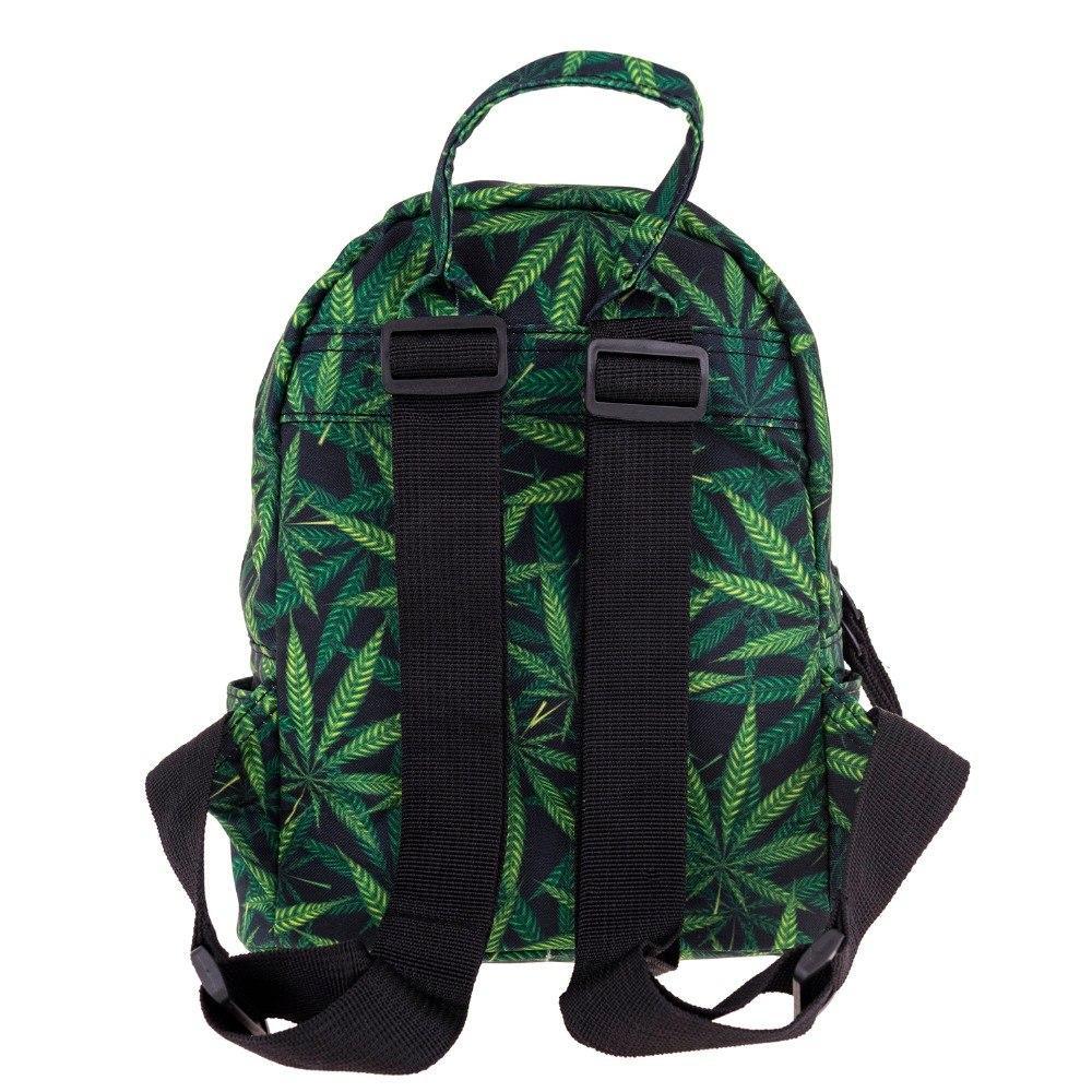 A stylish women's mini canvas backpack featuring a vibrant weed pattern and comfortable straps, perfect for casual outings.