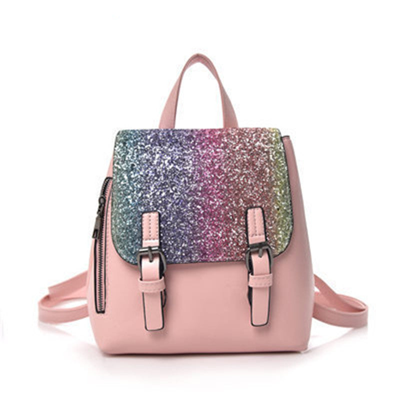 A stylish Women's PU Leather Sequined Backpack featuring a square vertical design, magnetic button closure, and a soft surface texture.