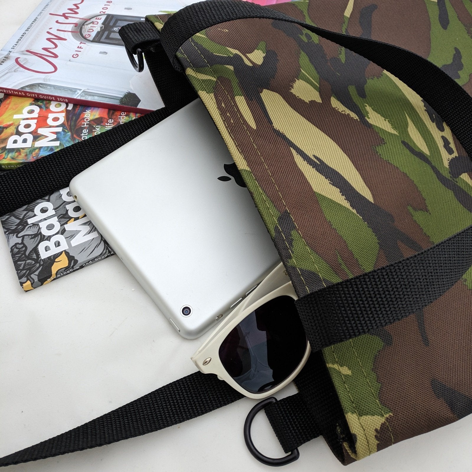 WORK Tote Bag in CAMO featuring a stylish camo pattern, durable materials, and compact design, perfect for everyday use.