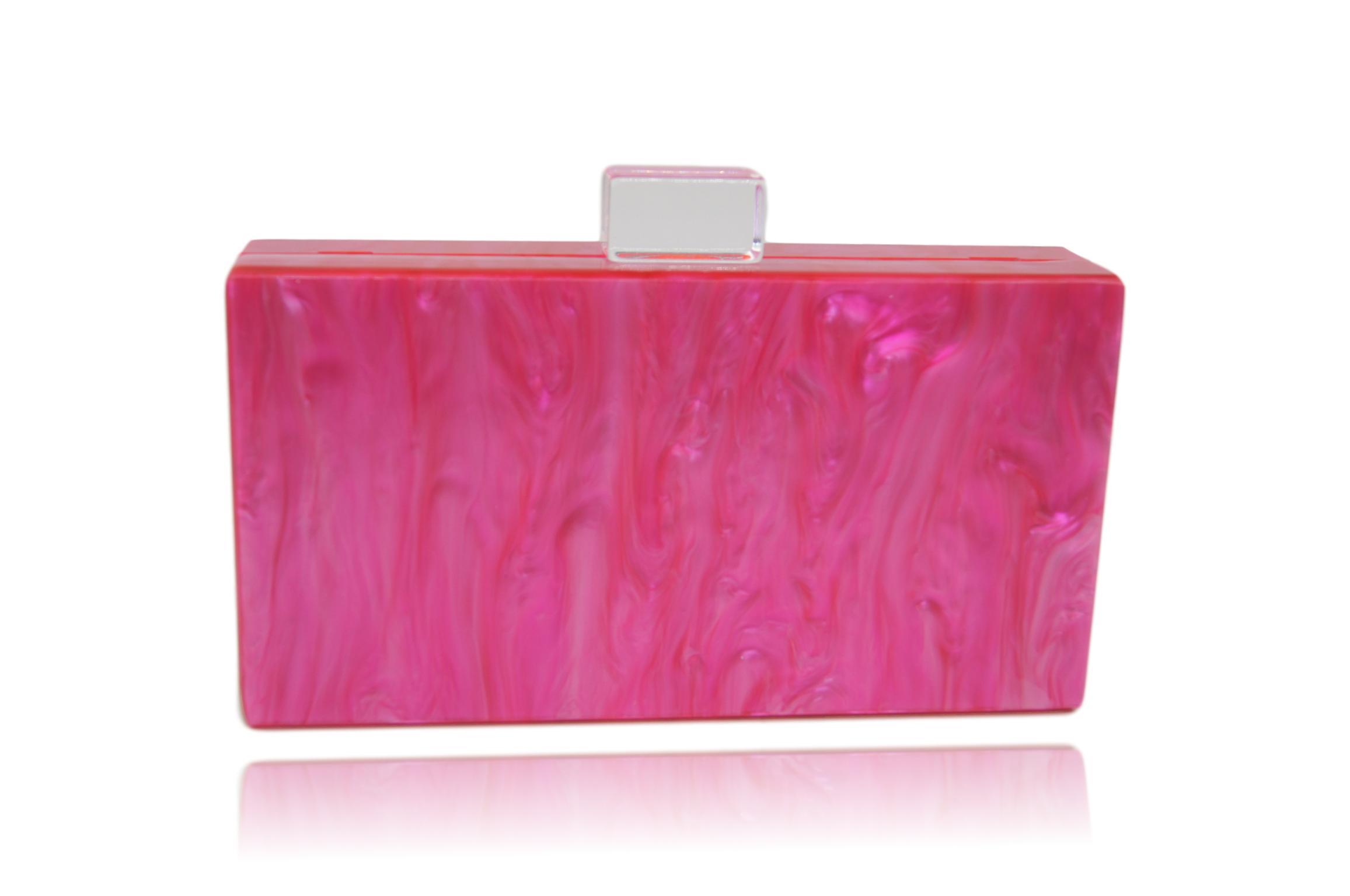 Electric Pink Acrylic Box Clutch with gold chain, featuring black satin lining and vibrant color, perfect for formal events.