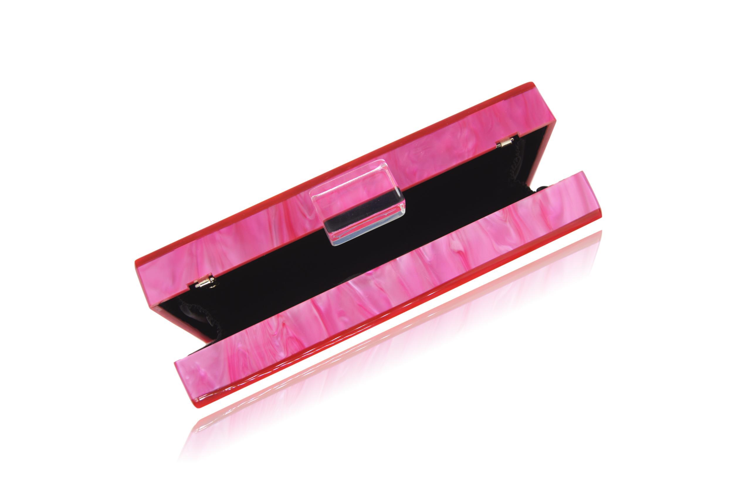 Electric Pink Acrylic Box Clutch with gold chain, featuring black satin lining and vibrant color, perfect for formal events.