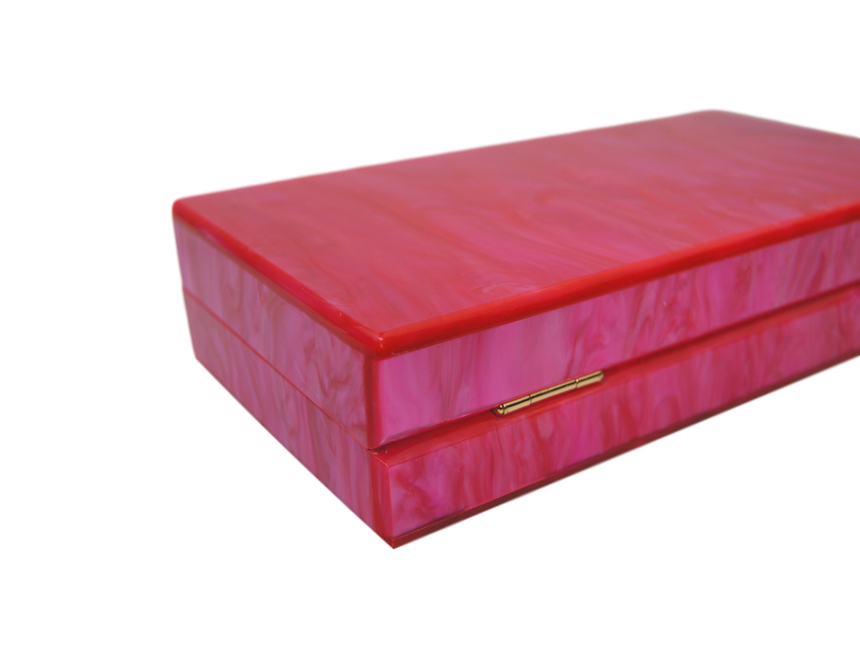 Electric Pink Acrylic Box Clutch with gold chain, featuring black satin lining and vibrant color, perfect for formal events.