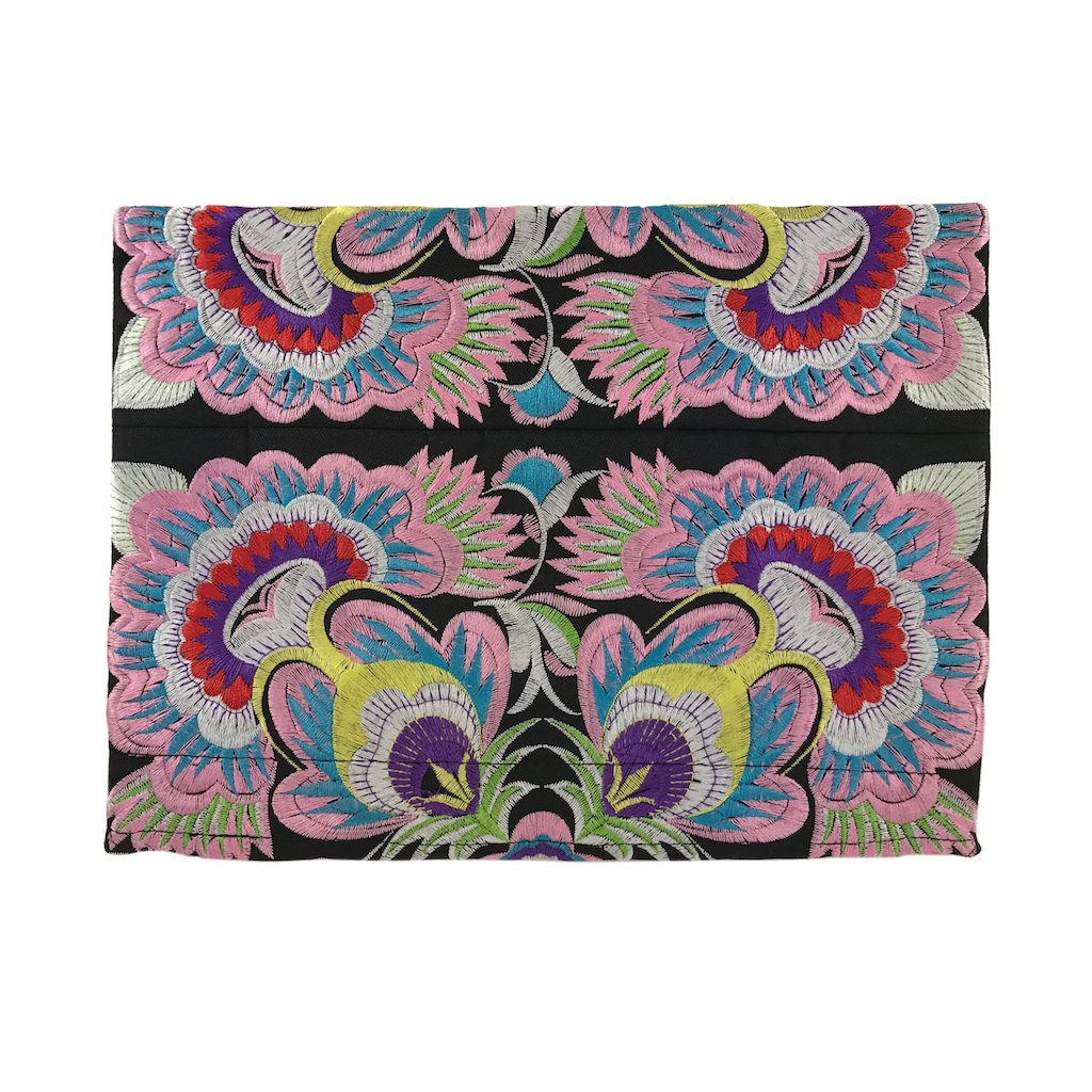 Embroidered Flower Clutch showcasing vibrant floral patterns, handcrafted by Hmong artisans in Thailand, featuring a zippered pocket and magnetic closure.