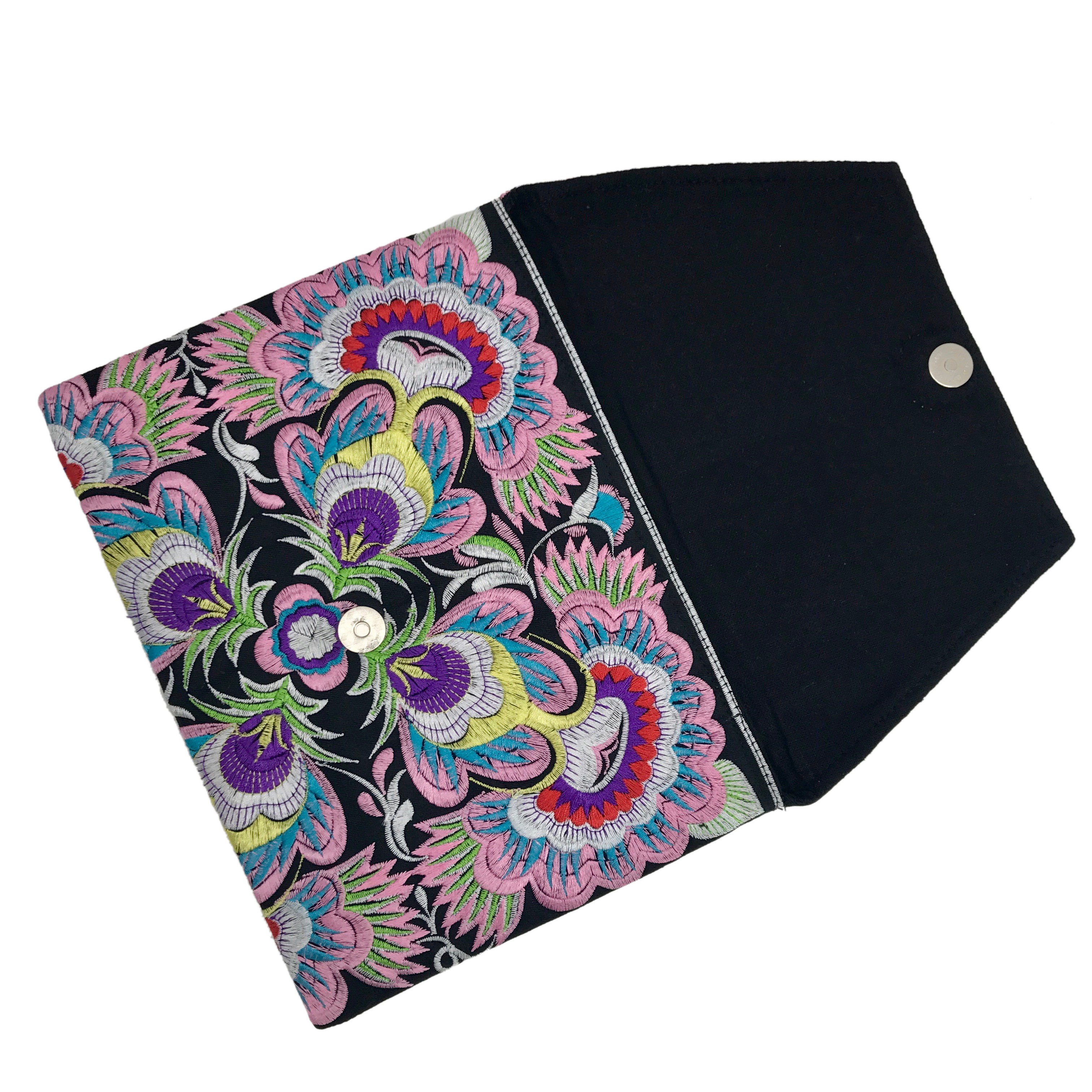 Embroidered Flower Clutch showcasing vibrant floral patterns, handcrafted by Hmong artisans in Thailand, featuring a zippered pocket and magnetic closure.