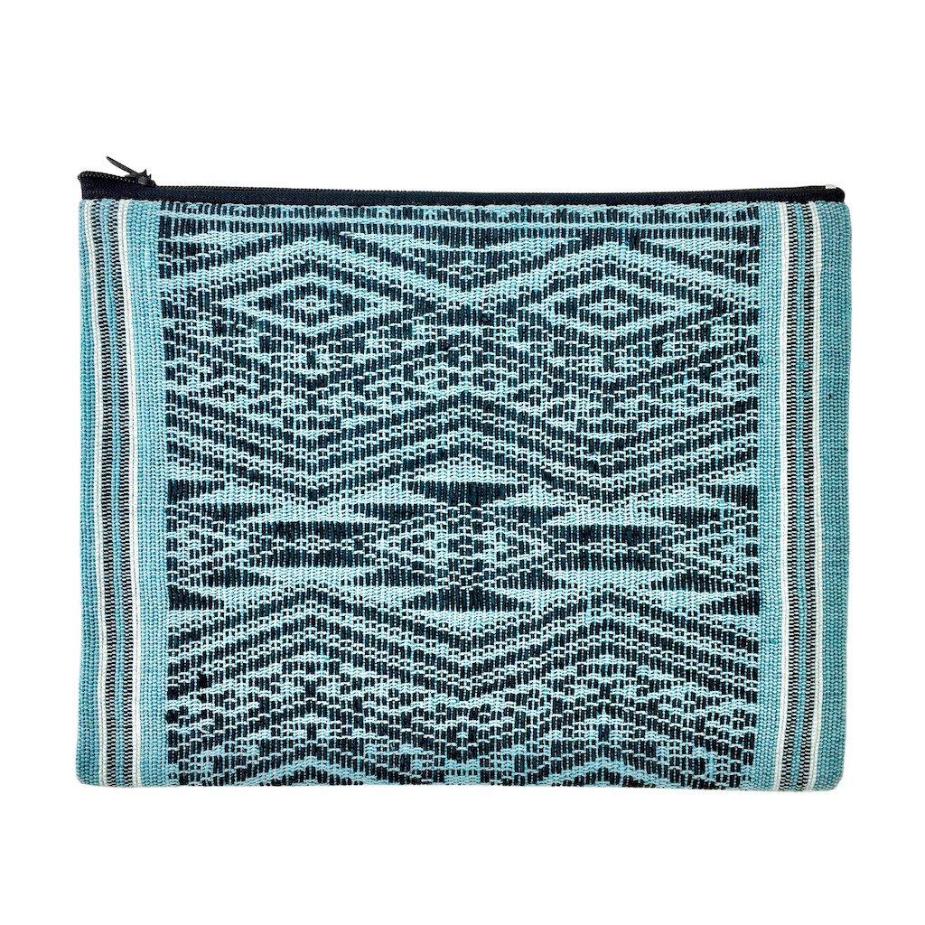 Ocean Tribal Clutch, handwoven with traditional patterns, featuring a zippered closure and lined interior, showcasing sustainable craftsmanship from Laos.