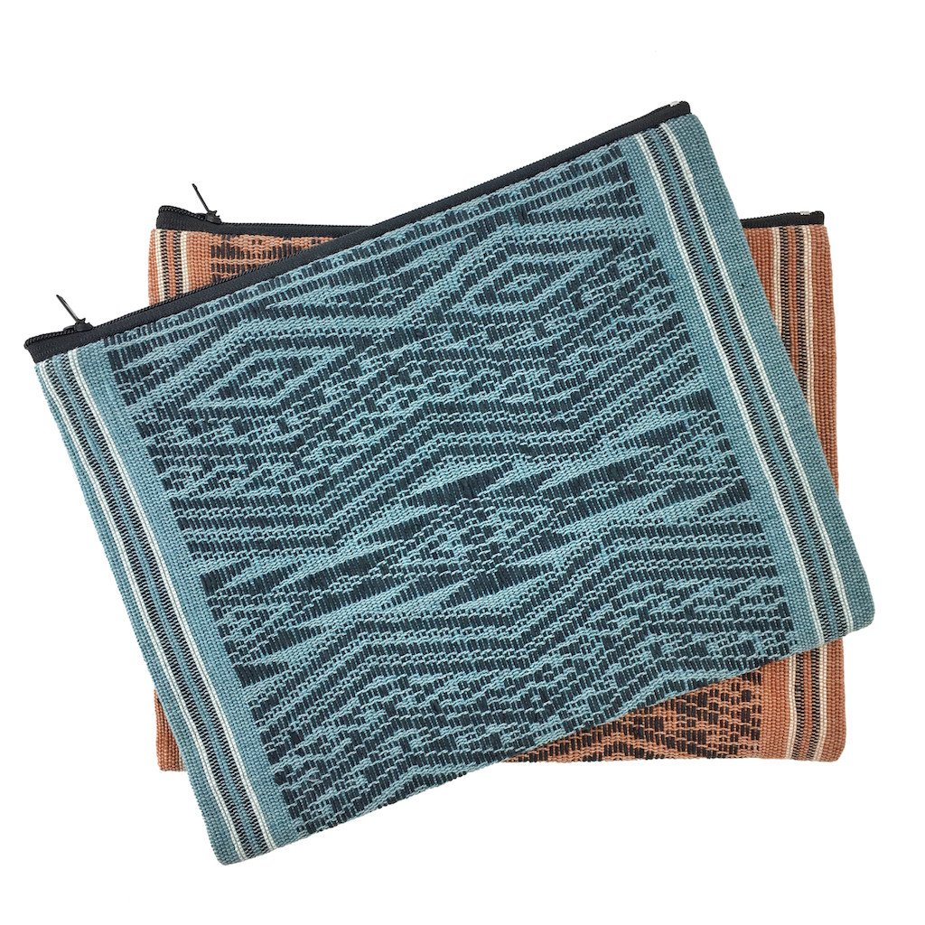 Ocean Tribal Clutch, handwoven with traditional patterns, featuring a zippered closure and lined interior, showcasing sustainable craftsmanship from Laos.