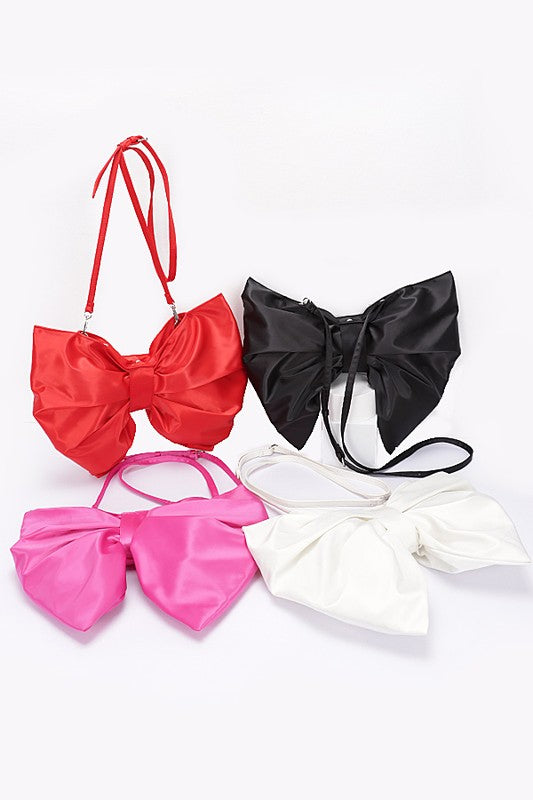 Oversize Satin Bow Convertible Clutch Swing Bag featuring a large satin bow, removable shoulder strap, and elegant design in a stylish color.