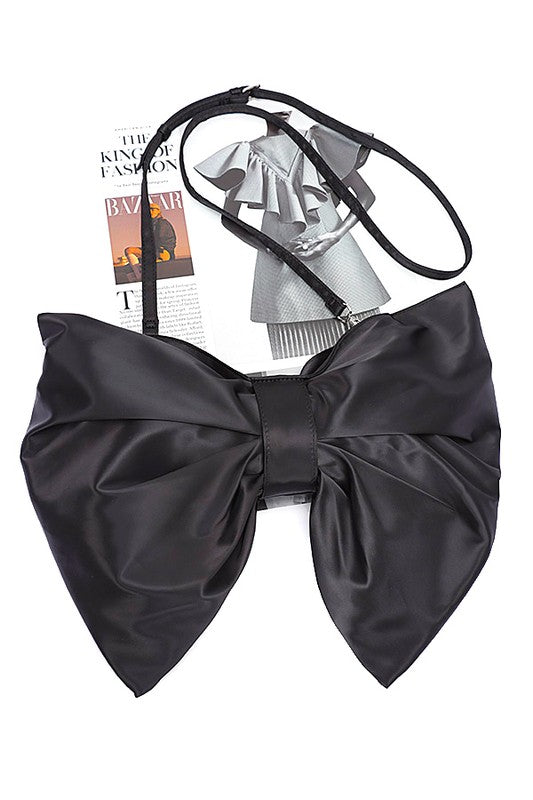 Oversize Satin Bow Convertible Clutch Swing Bag featuring a large satin bow, removable shoulder strap, and elegant design in a stylish color.