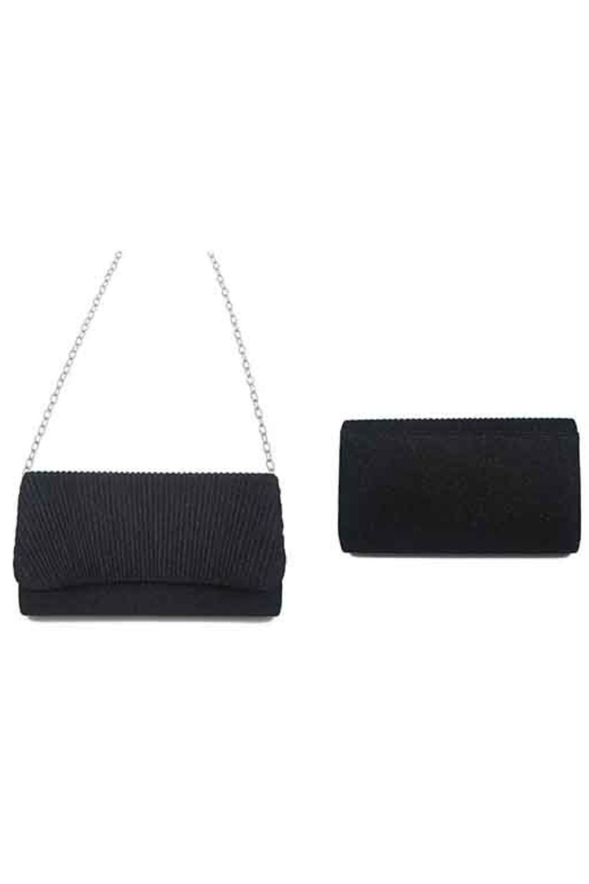 A stylish pleated glitter fabric clutch evening bag with a detachable chain, showcasing its elegant design and soft lining.