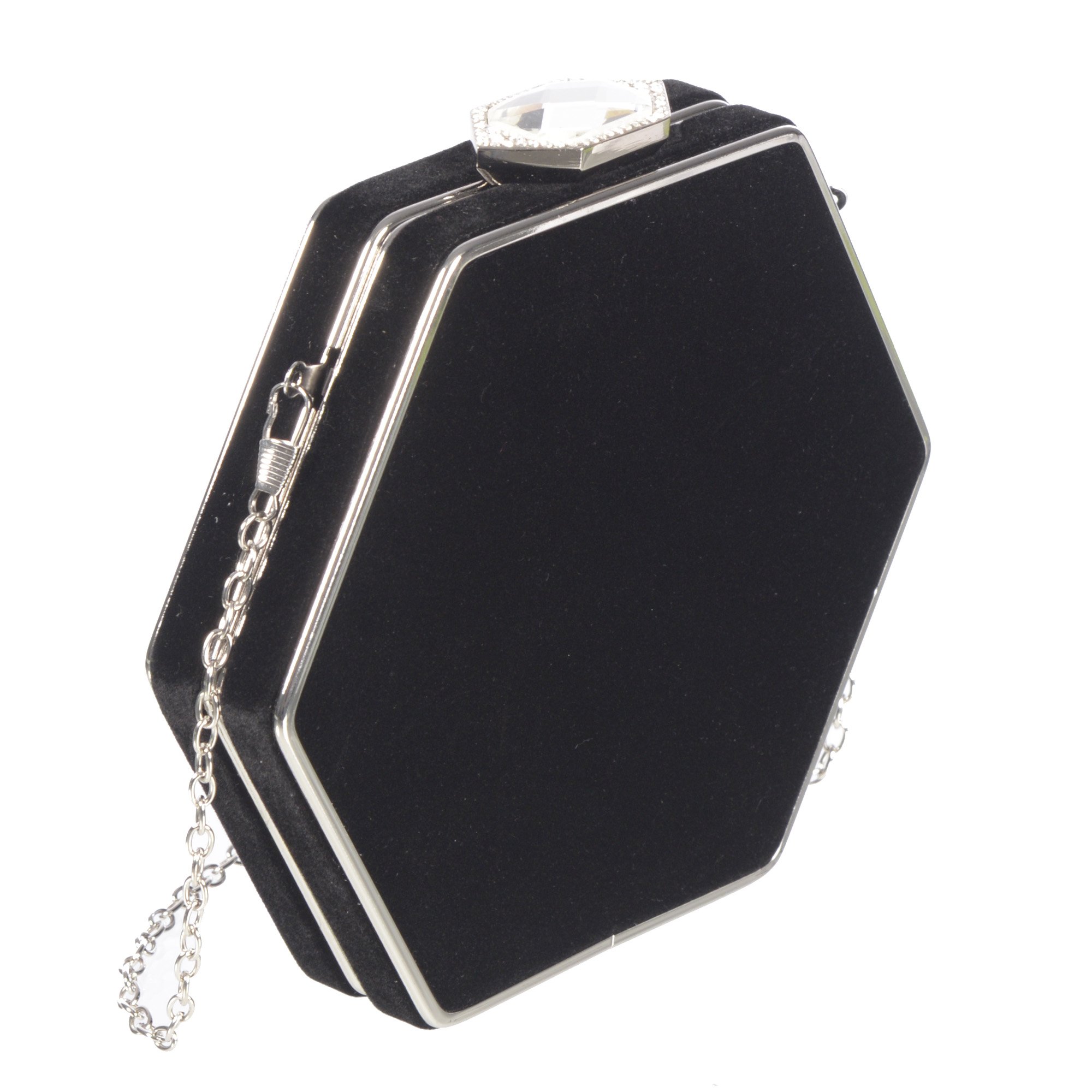 Chic velvet evening bag with jewel closure, featuring a silver frame and detachable chain strap, perfect for formal occasions.