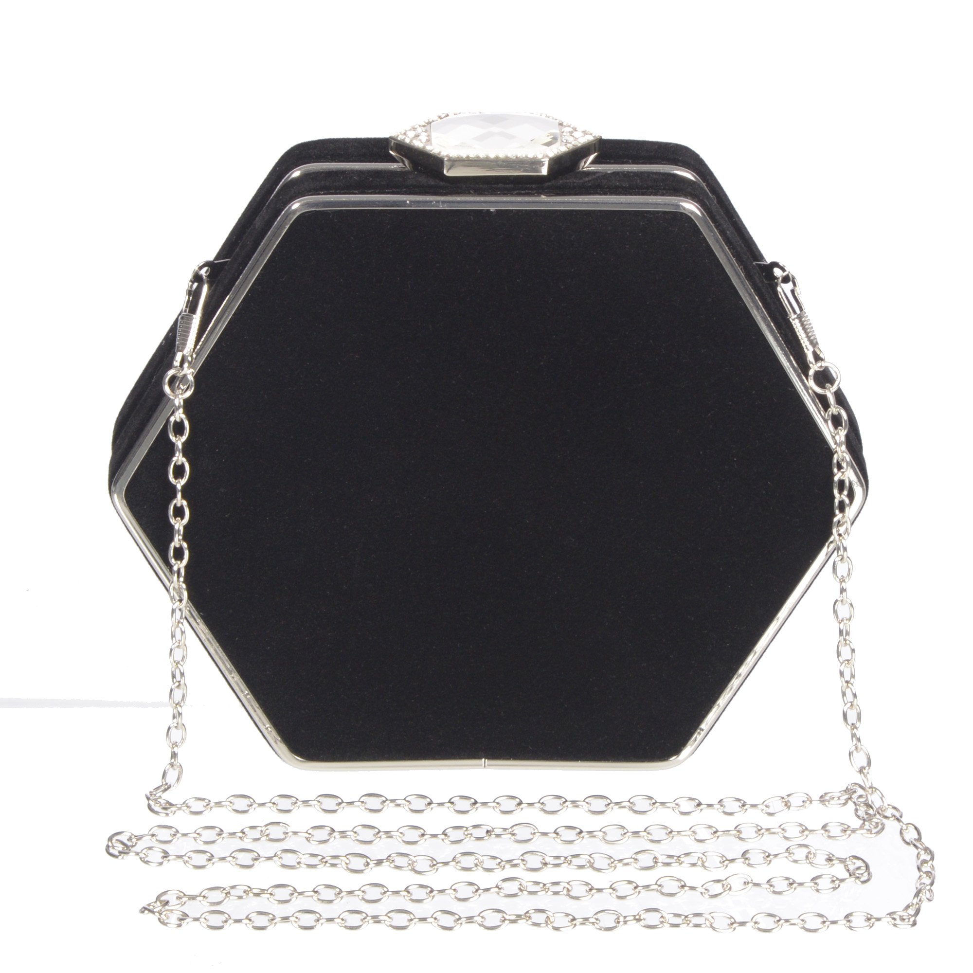 Chic velvet evening bag with jewel closure, featuring a silver frame and detachable chain strap, perfect for formal occasions.