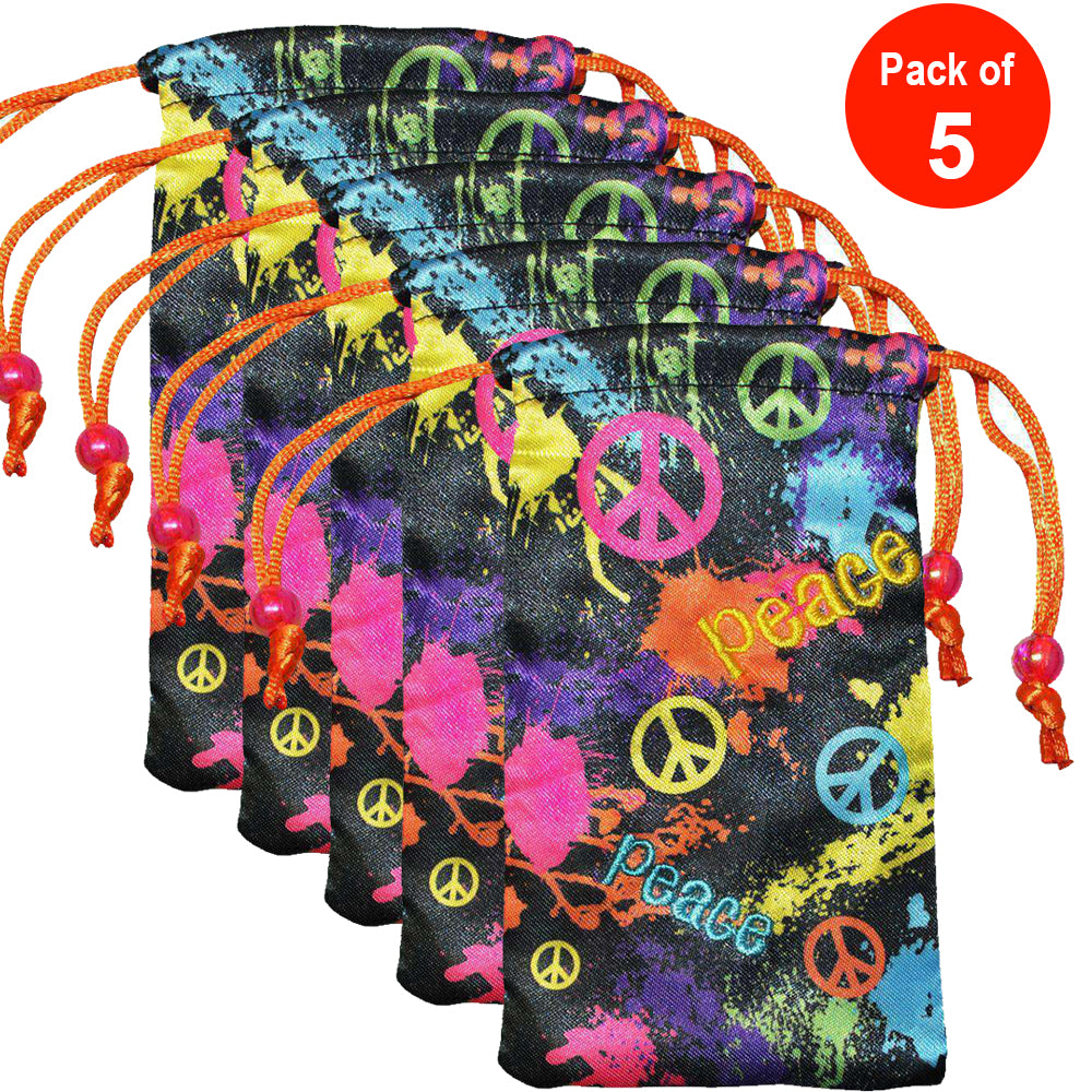 Five colorful peace sign pouches.