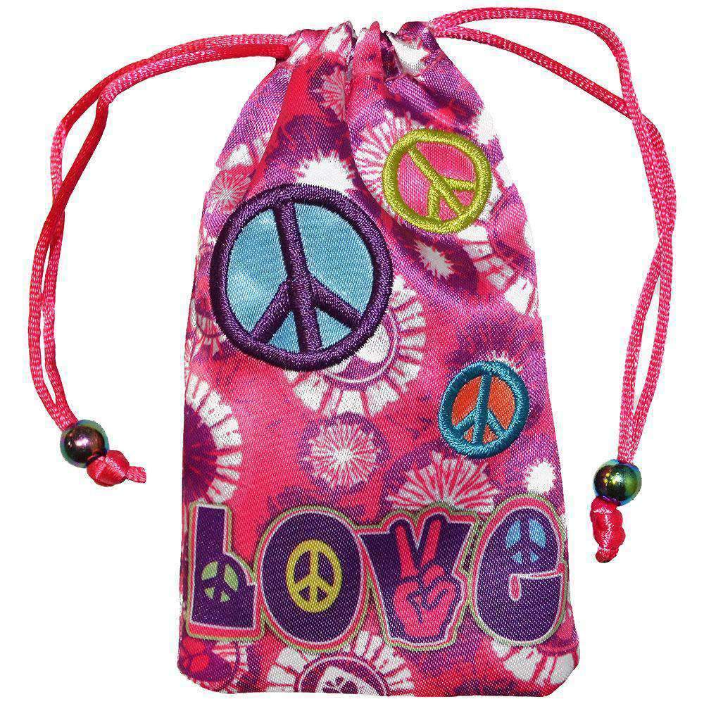 Colorful fabric drawstring bag with peace symbols and "Love."