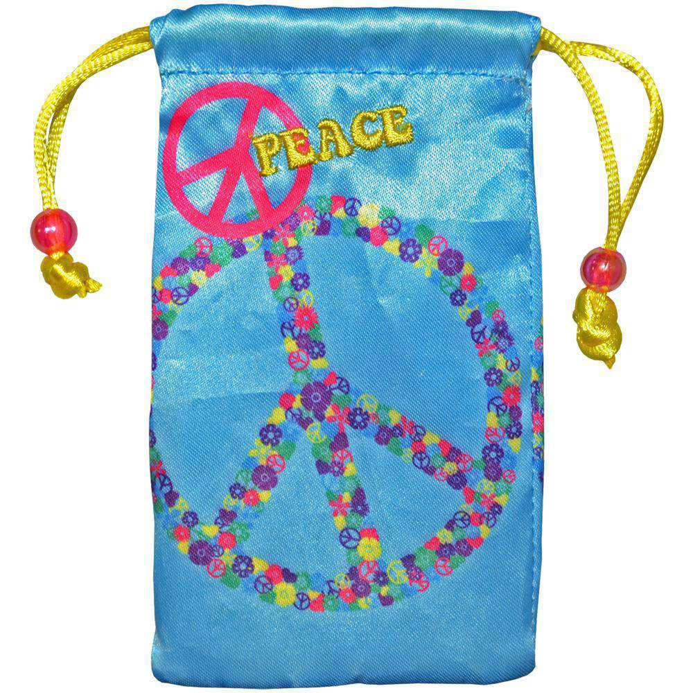 Blue drawstring bag with peace symbols.