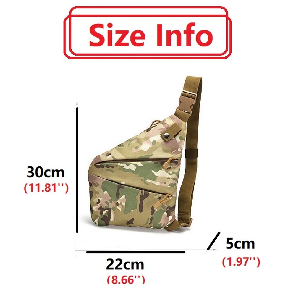 Army camouflage tactical bag for men, featuring multiple pockets, adjustable padded strap, and stylish design.