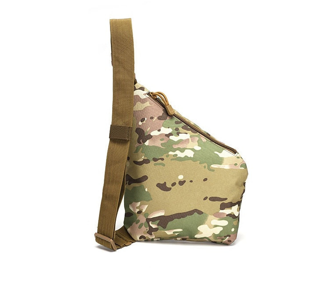 Army camouflage tactical bag for men, featuring multiple pockets, adjustable padded strap, and stylish design.