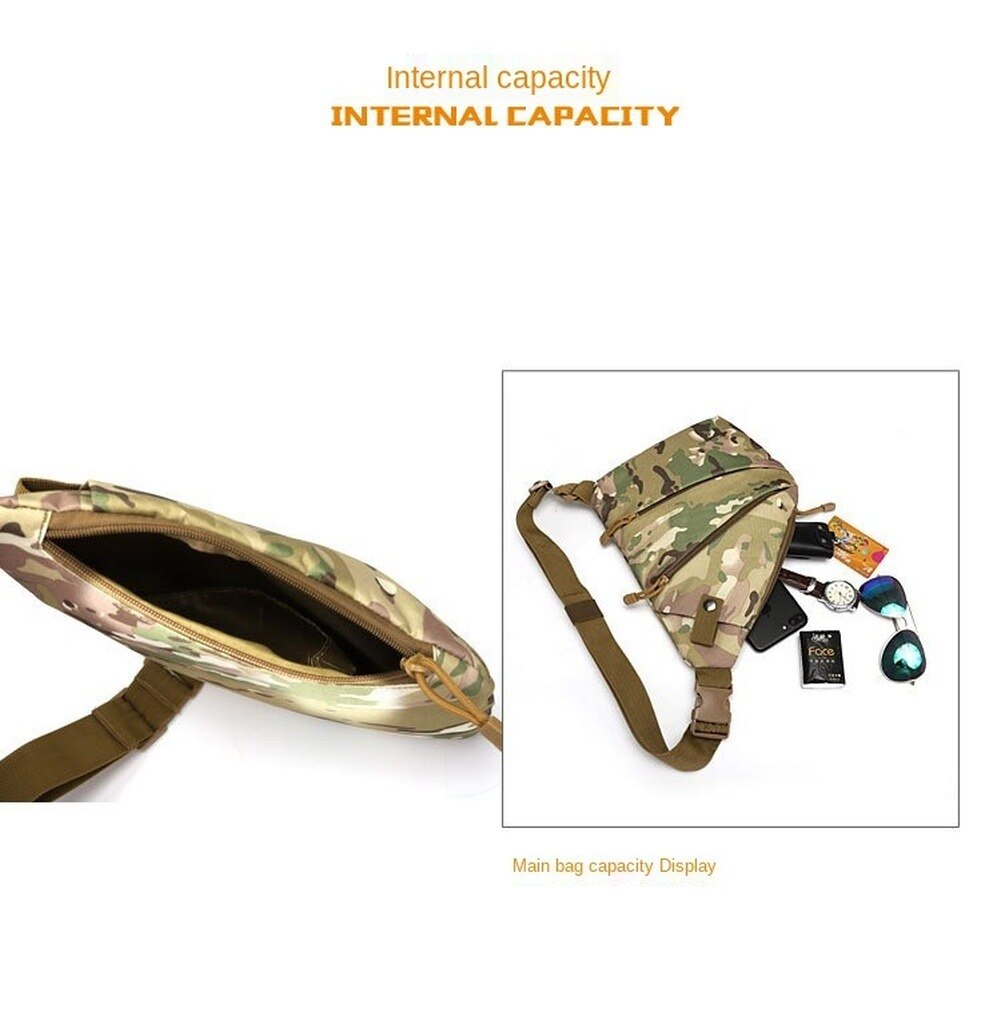 Army camouflage tactical bag for men, featuring multiple pockets, adjustable padded strap, and stylish design.