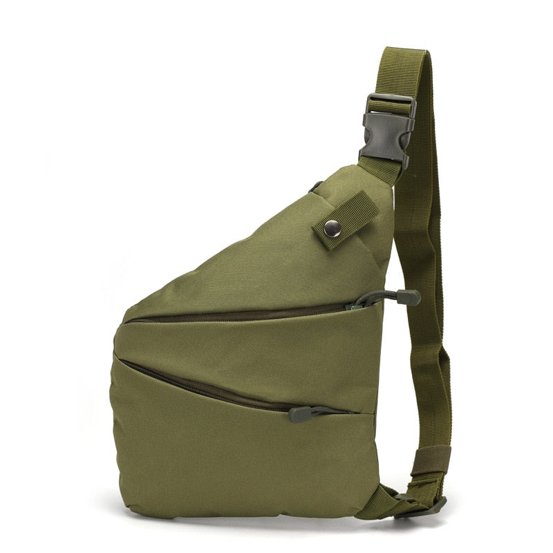 Army camouflage tactical bag for men, featuring multiple pockets, adjustable padded strap, and stylish design.