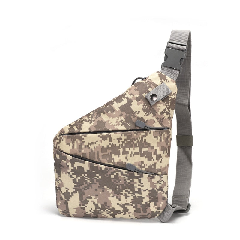 Army camouflage tactical bag for men, featuring multiple pockets, adjustable padded strap, and stylish design.