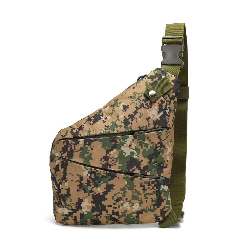 Army camouflage tactical bag for men, featuring multiple pockets, adjustable padded strap, and stylish design.