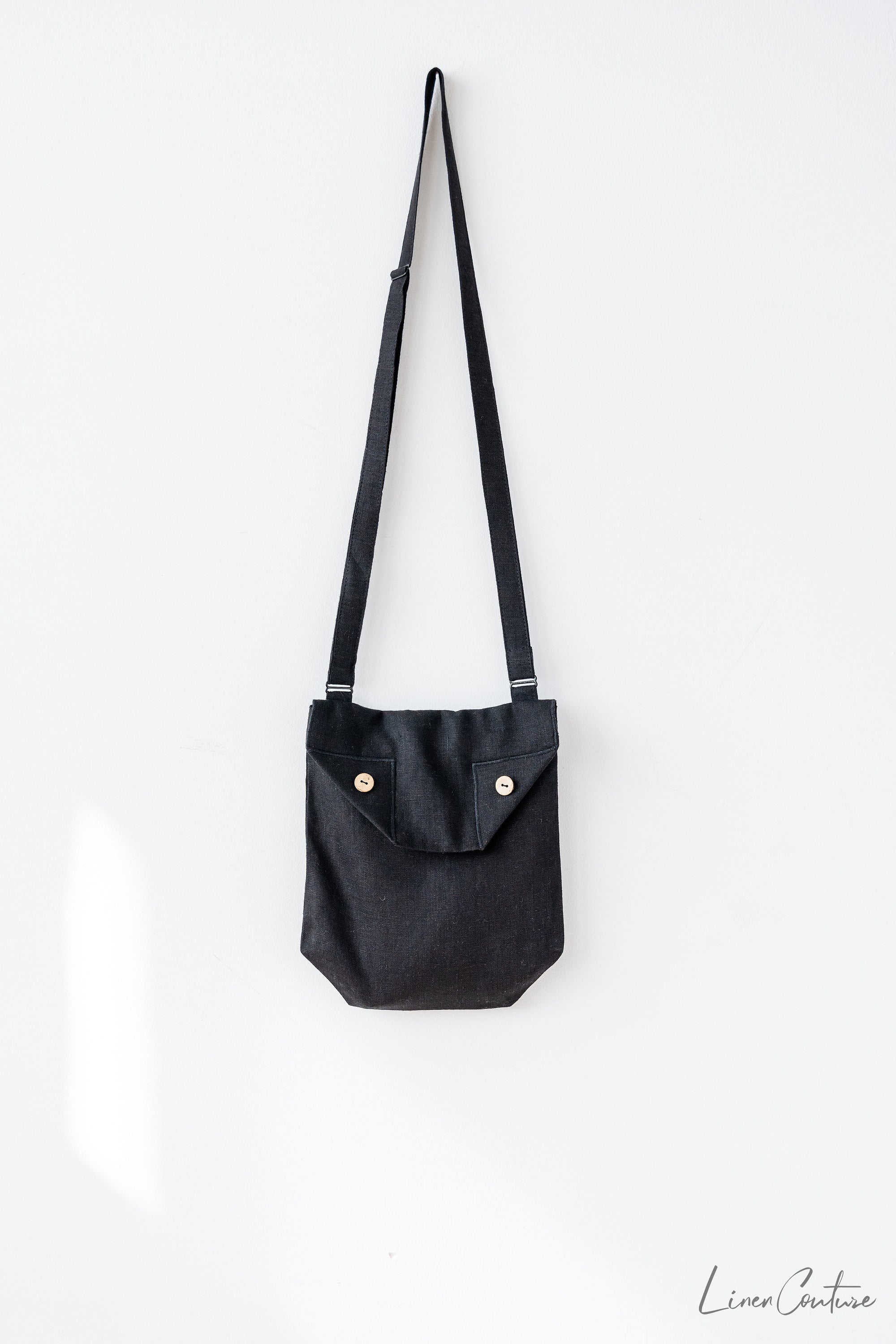 Main Black Linen Shoulder Bag with Coconut Buttons and Adjustable Strap image