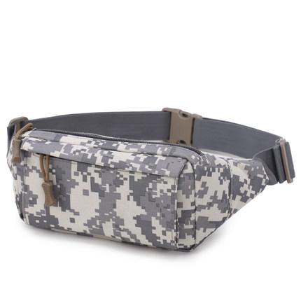 Casual camouflage outdoor waist bag designed for hiking and traveling, made from durable 900D Oxford cloth, featuring adjustable strap and multiple compartments.