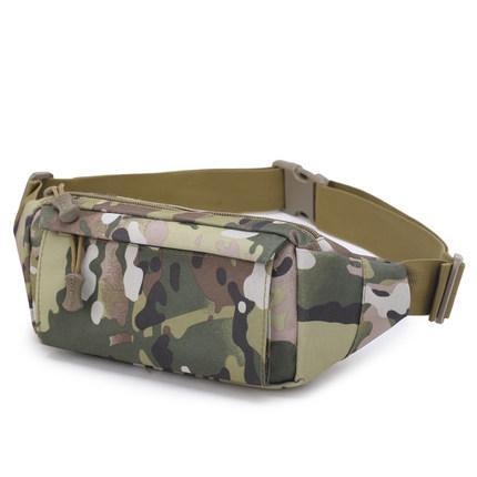 Casual camouflage outdoor waist bag designed for hiking and traveling, made from durable 900D Oxford cloth, featuring adjustable strap and multiple compartments.