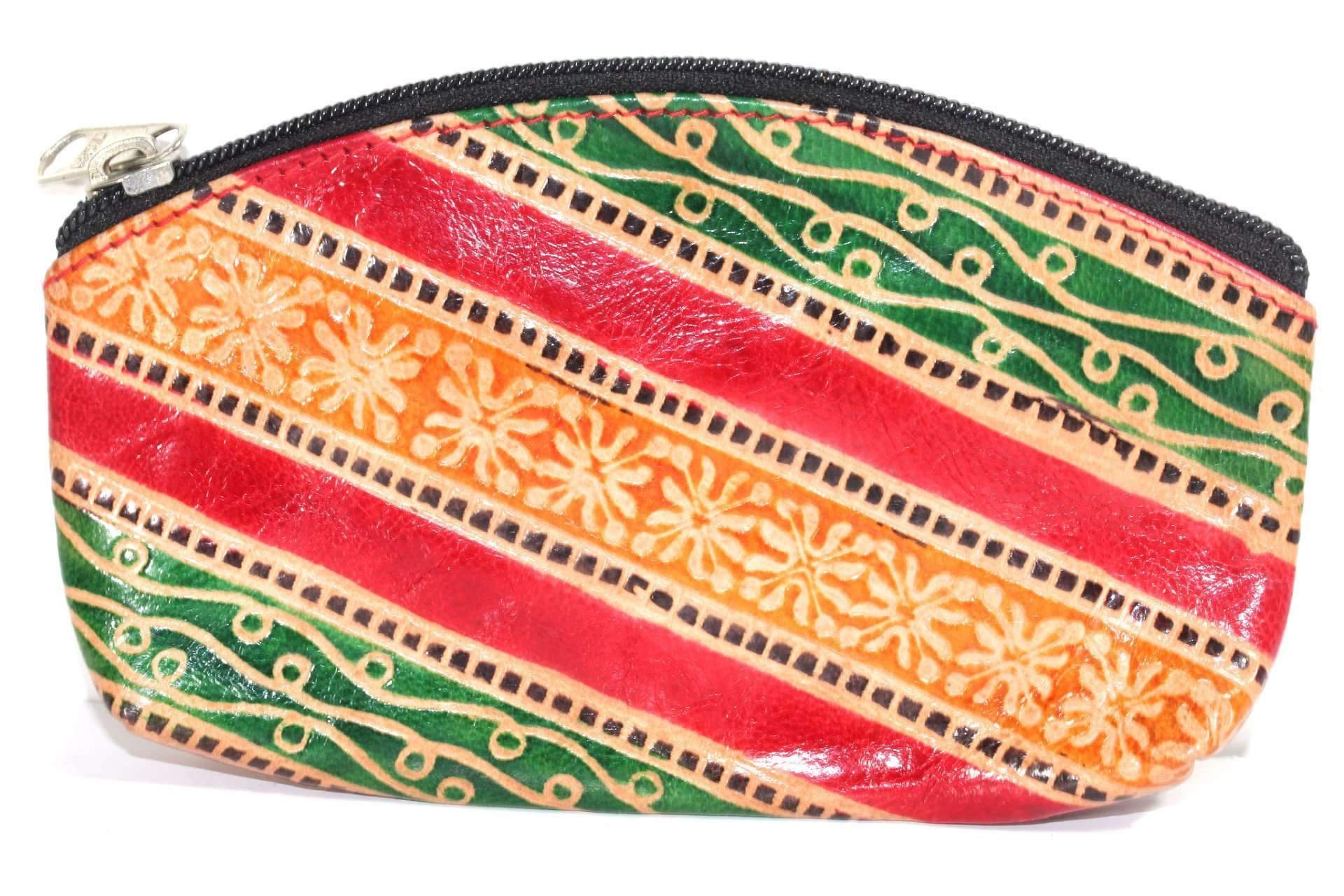 A colorful Groovy Coin Purse made of genuine leather, featuring unique handcrafted embossed designs and a zipper closure, perfect for organizing loose change.