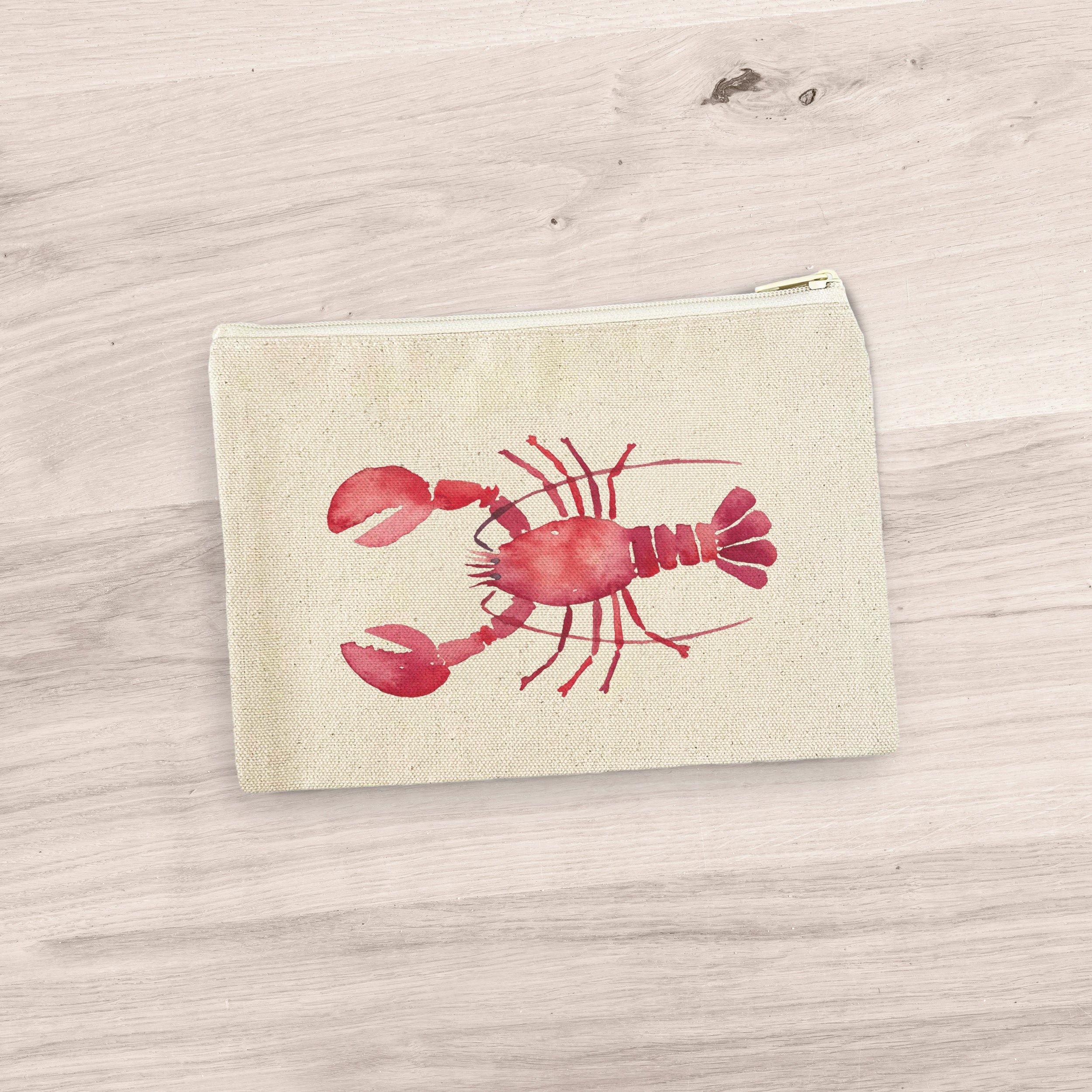 Lobster Canvas Zipper Pouch made from 100% cotton canvas with a natural zipper, featuring a playful lobster design.