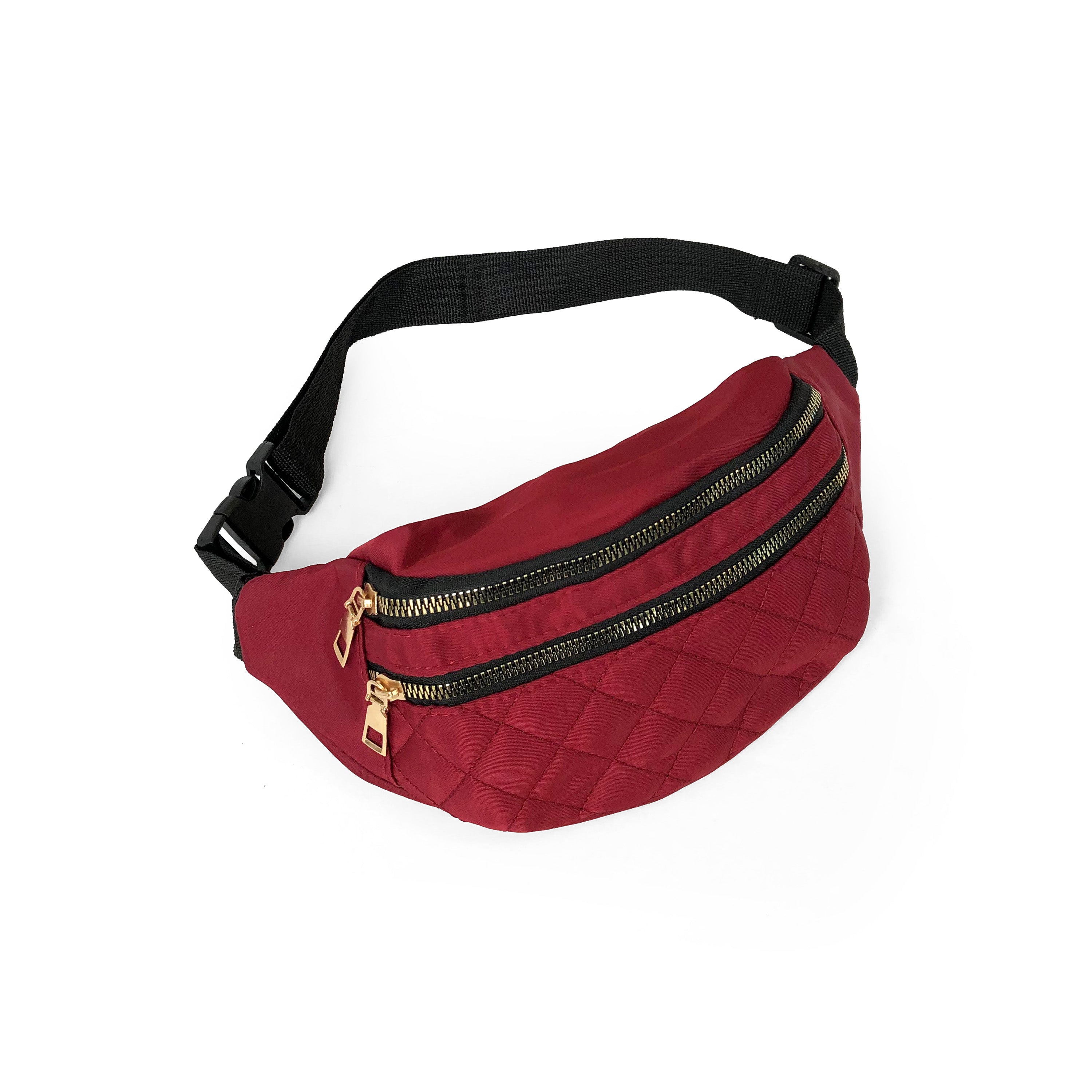 Nicci Quilted Waistbag in lightweight nylon with gold tone hardware, featuring adjustable strap and multiple zip compartments.