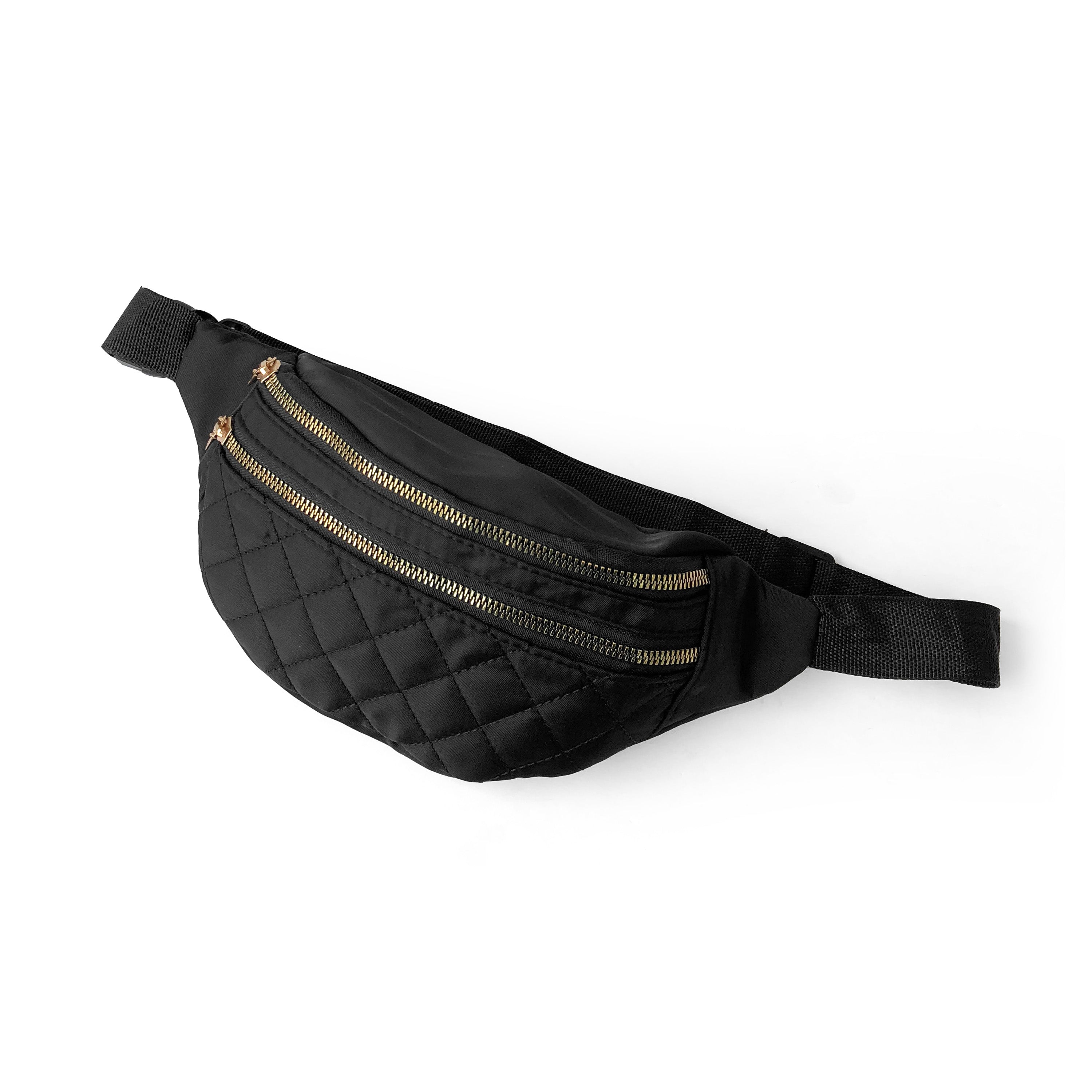 Nicci Quilted Waistbag in lightweight nylon with gold tone hardware, featuring adjustable strap and multiple zip compartments.