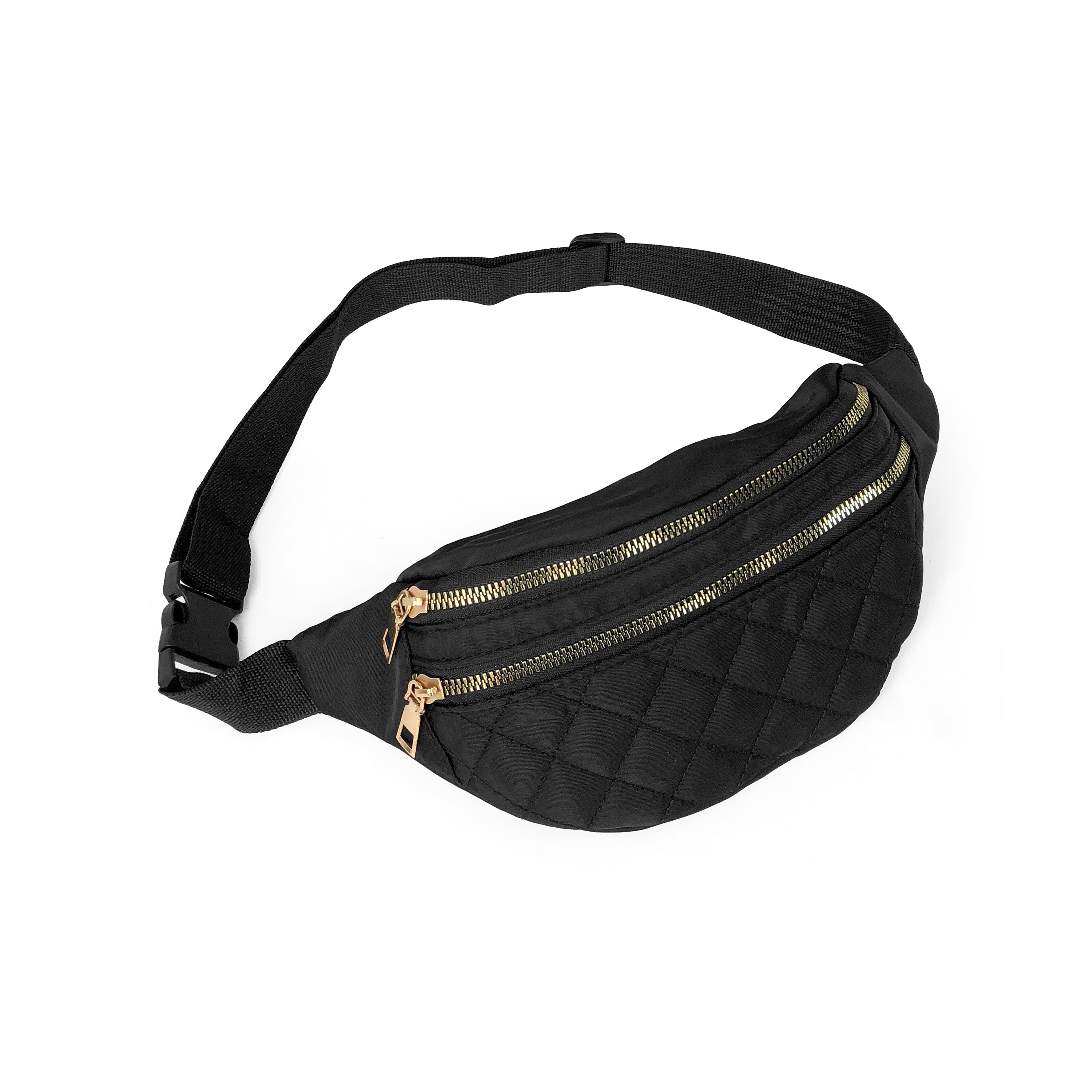 Nicci Quilted Waistbag in lightweight nylon with gold tone hardware, featuring adjustable strap and multiple zip compartments.