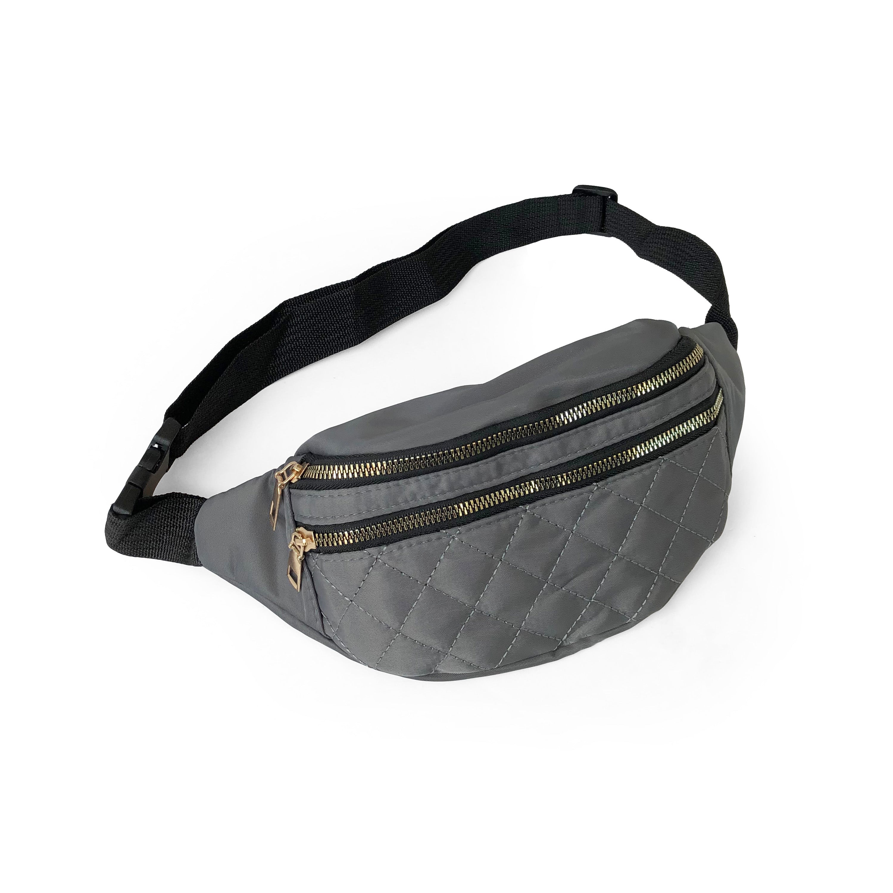 Nicci Quilted Waistbag in lightweight nylon with gold tone hardware, featuring adjustable strap and multiple zip compartments.