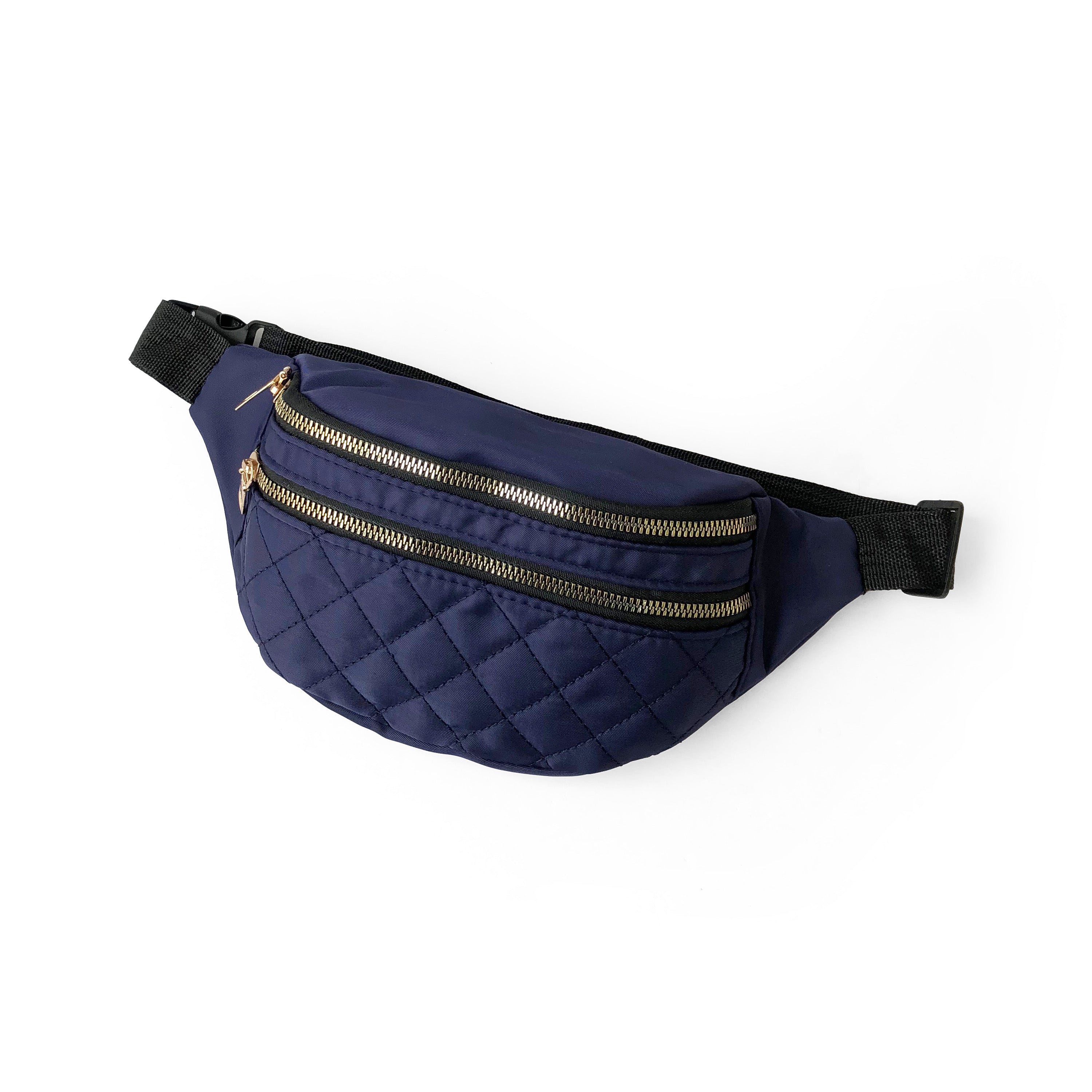 Nicci Quilted Waistbag in lightweight nylon with gold tone hardware, featuring adjustable strap and multiple zip compartments.