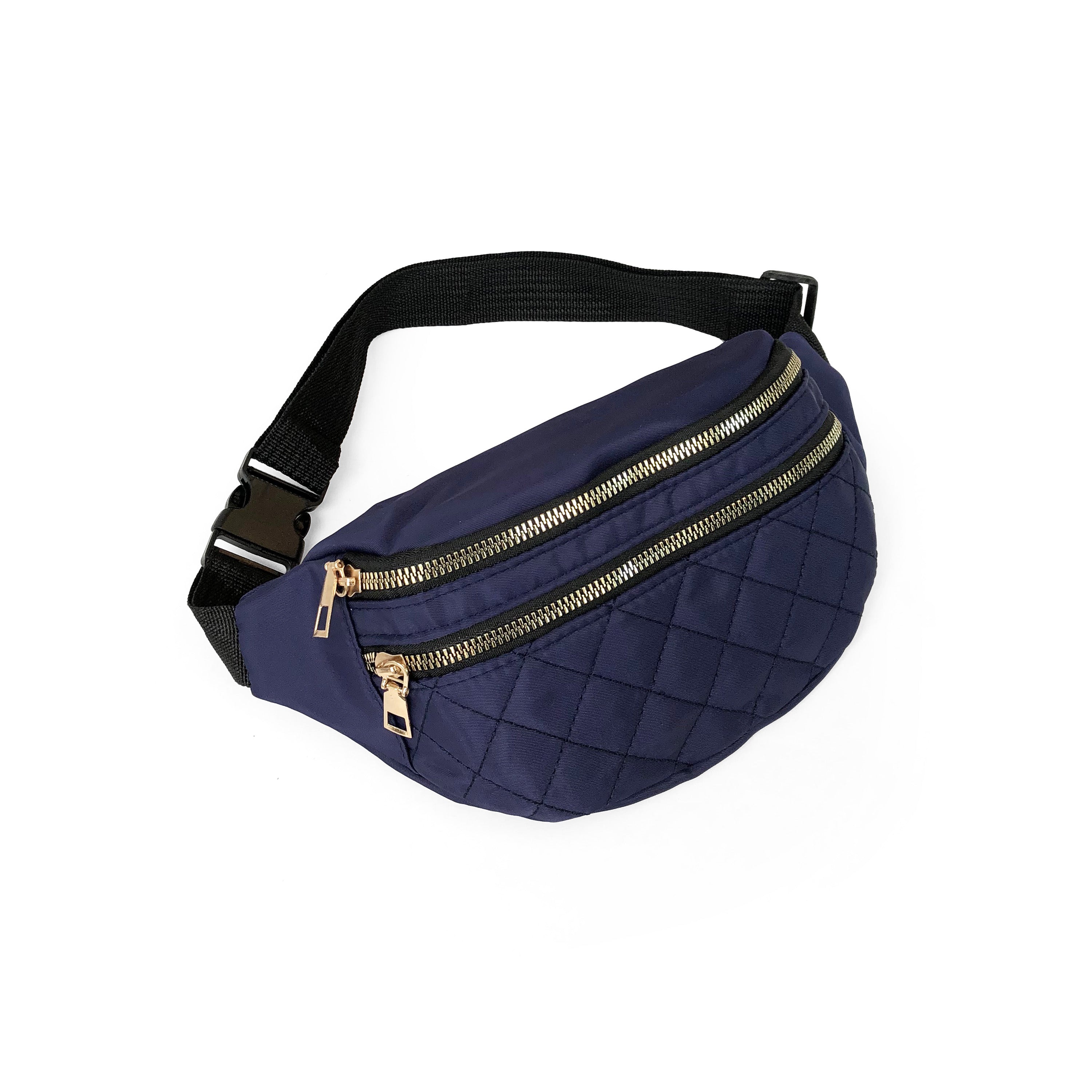 Nicci Quilted Waistbag in lightweight nylon with gold tone hardware, featuring adjustable strap and multiple zip compartments.