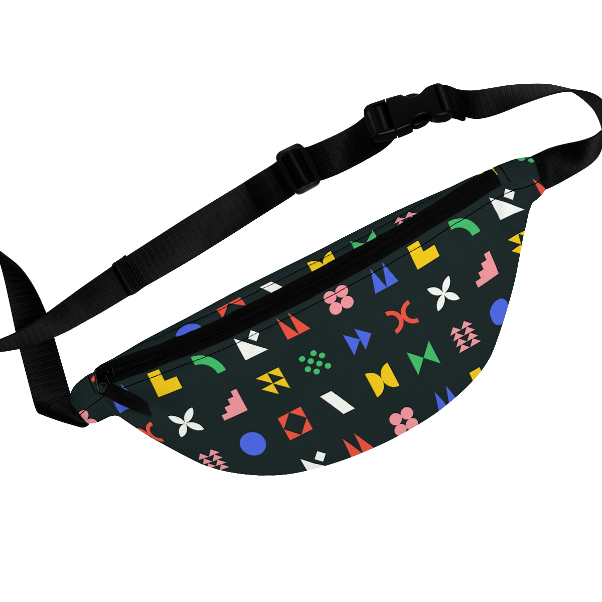 Colorful geometric patterned fanny pack.