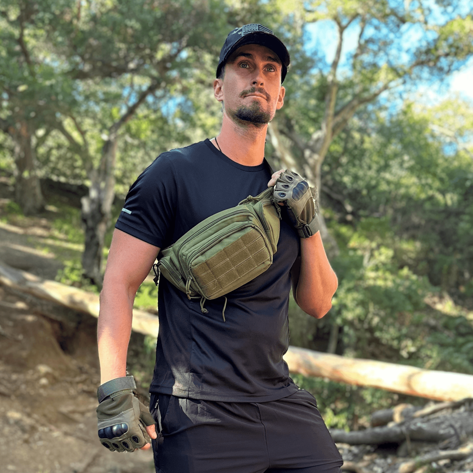 Tactical Waist Bag & MOLLE EDC Pouch in outdoor setting, showcasing multiple compartments and adjustable waist strap.