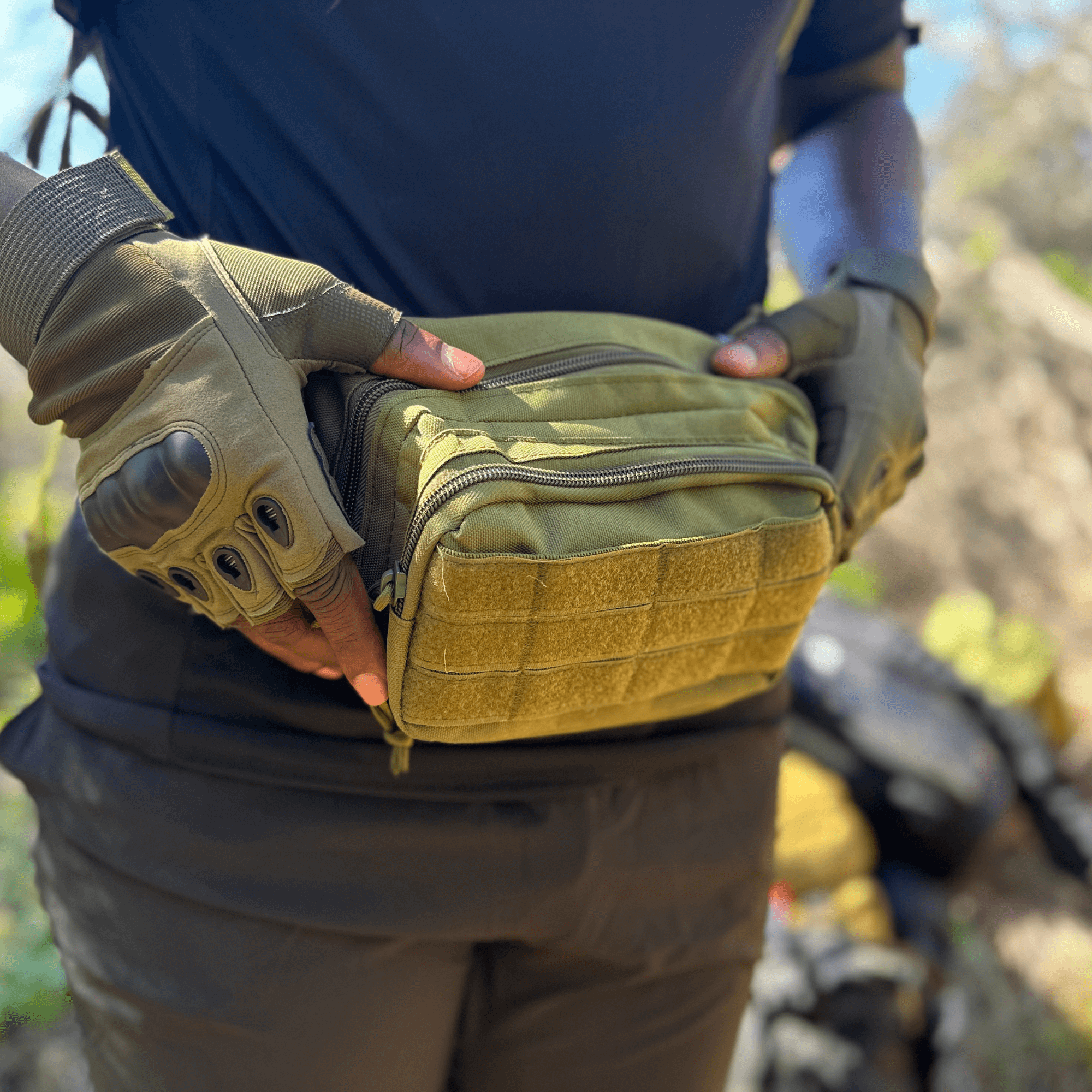 Tactical Waist Bag & MOLLE EDC Pouch in outdoor setting, showcasing multiple compartments and adjustable waist strap.