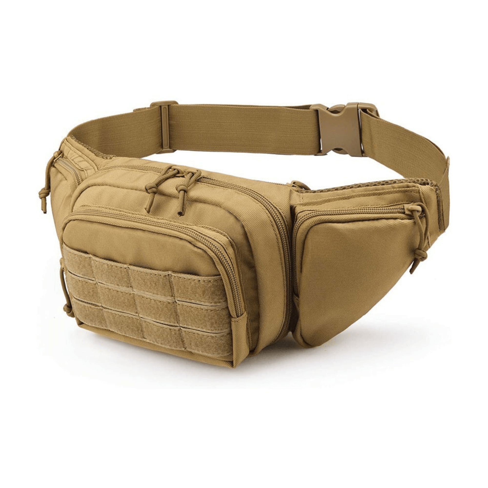 Tactical Waist Bag & MOLLE EDC Pouch in outdoor setting, showcasing multiple compartments and adjustable waist strap.