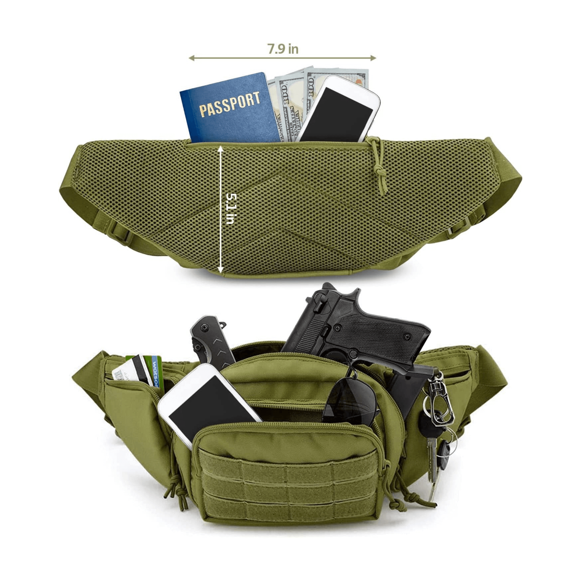 Tactical Waist Bag & MOLLE EDC Pouch in outdoor setting, showcasing multiple compartments and adjustable waist strap.