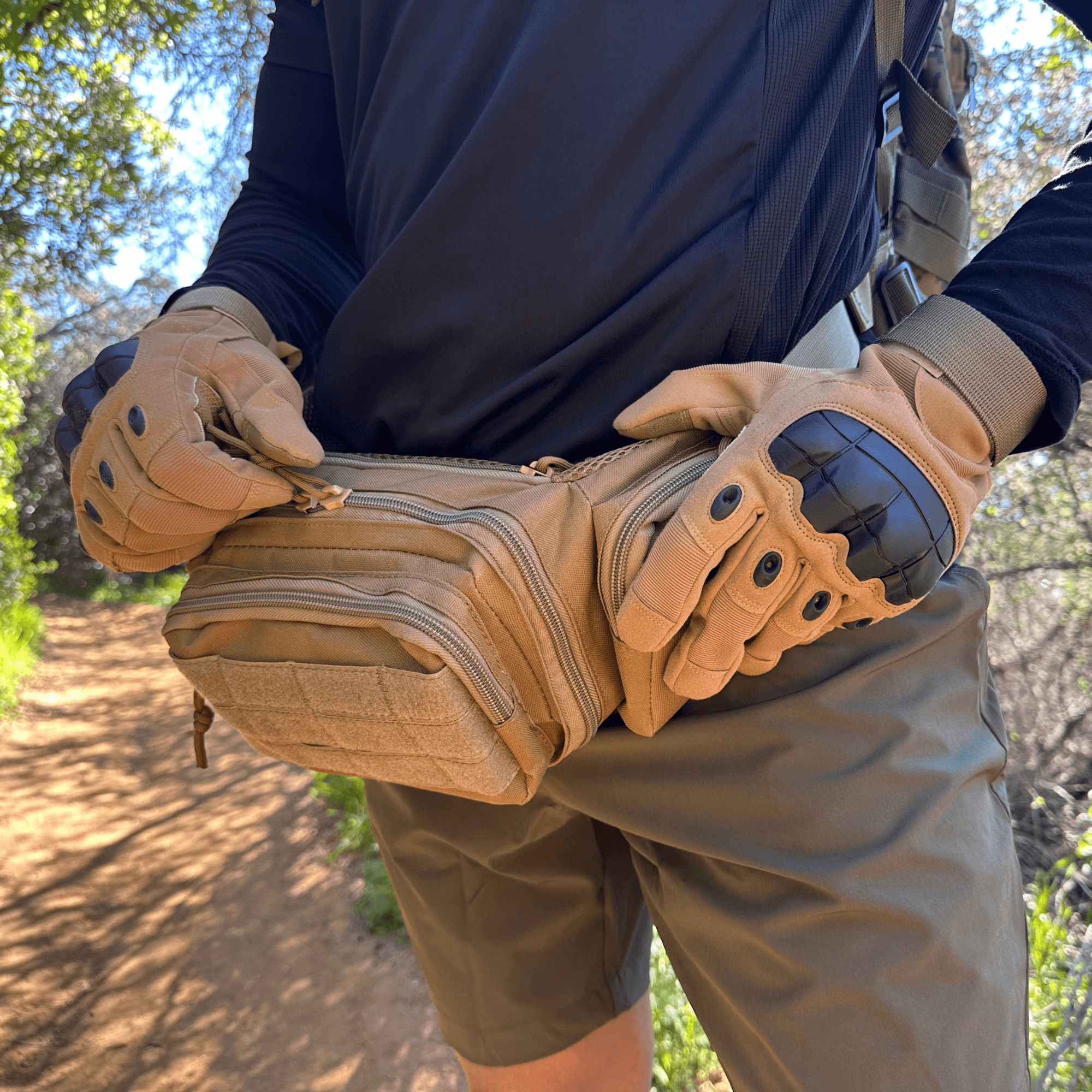 Tactical Waist Bag & MOLLE EDC Pouch in outdoor setting, showcasing multiple compartments and adjustable waist strap.